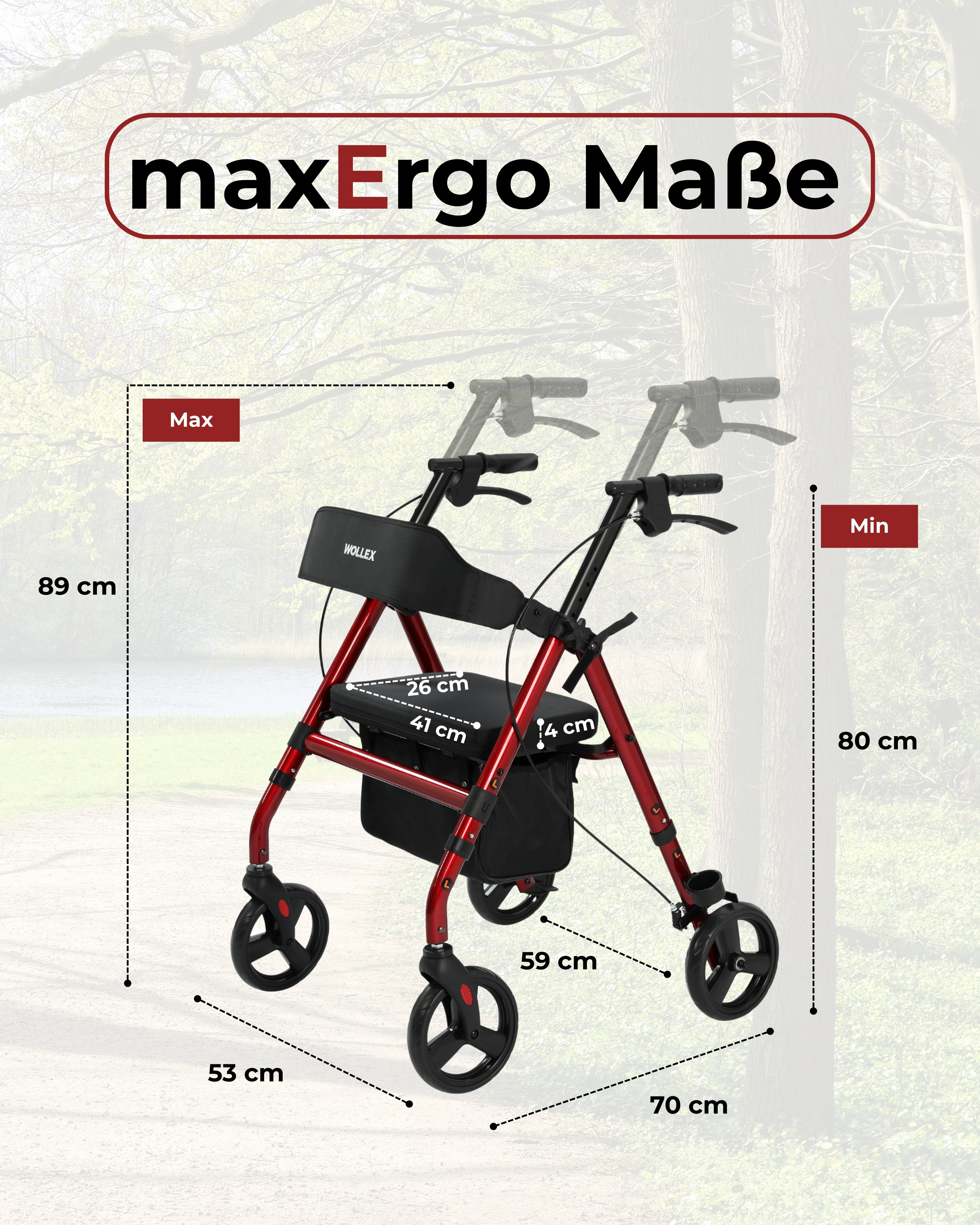 Roter Rollator mit Sitz, Tasche und Griffen. Maße sind angegeben.