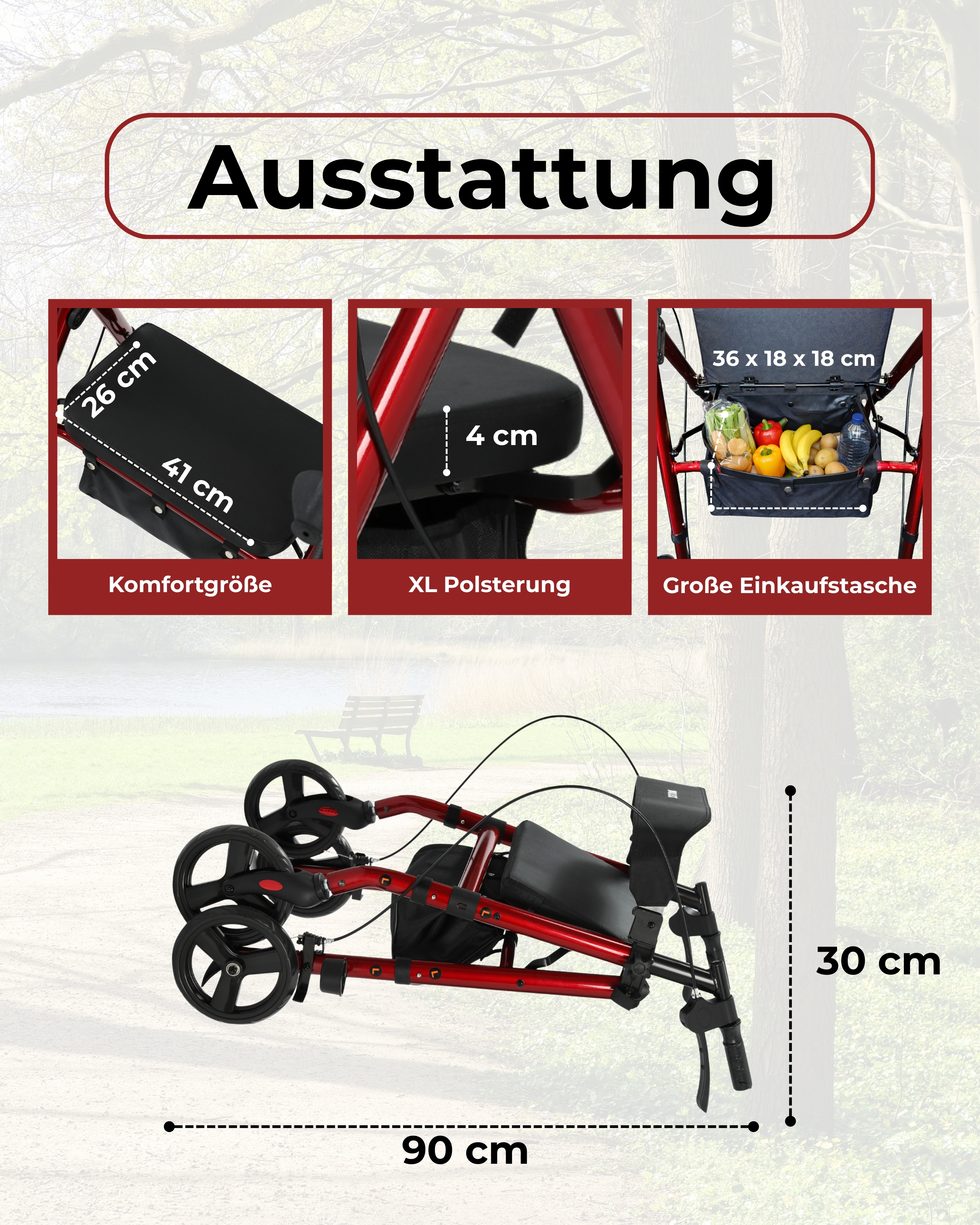 Roter Rollator zusammengeklappt mit Maßen 90x30 cm und Zubehör.