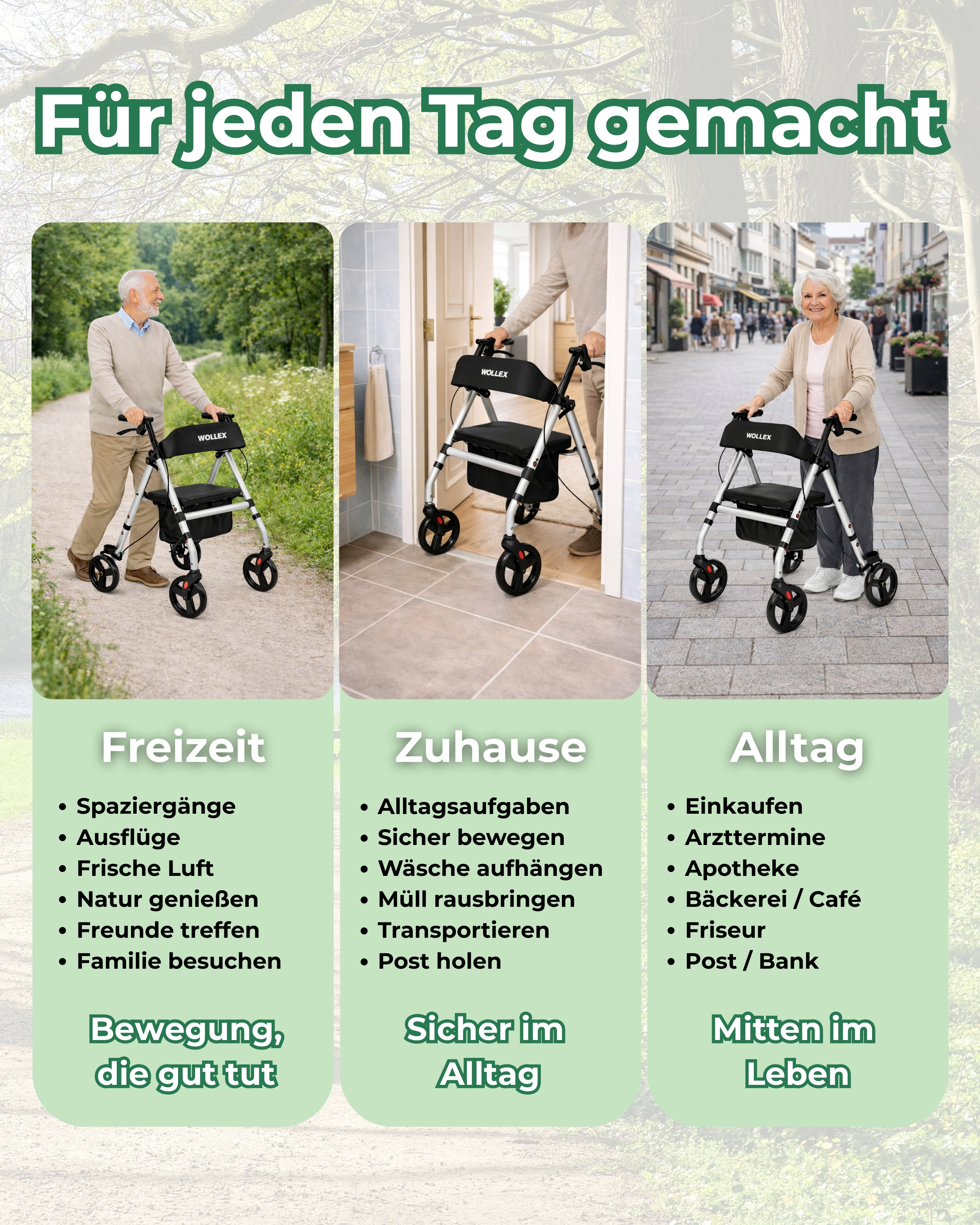 Drei Szenen mit Rollatoren: Mann im Park, Person im Haus, Frau in Stadt.
