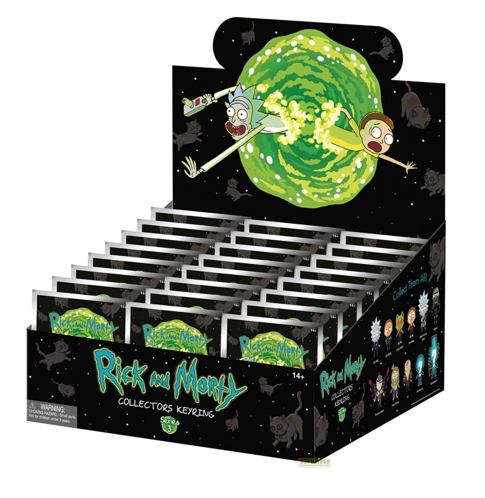 Expositor de llaveros coleccionables de Rick and Morty con personajes y portal.
