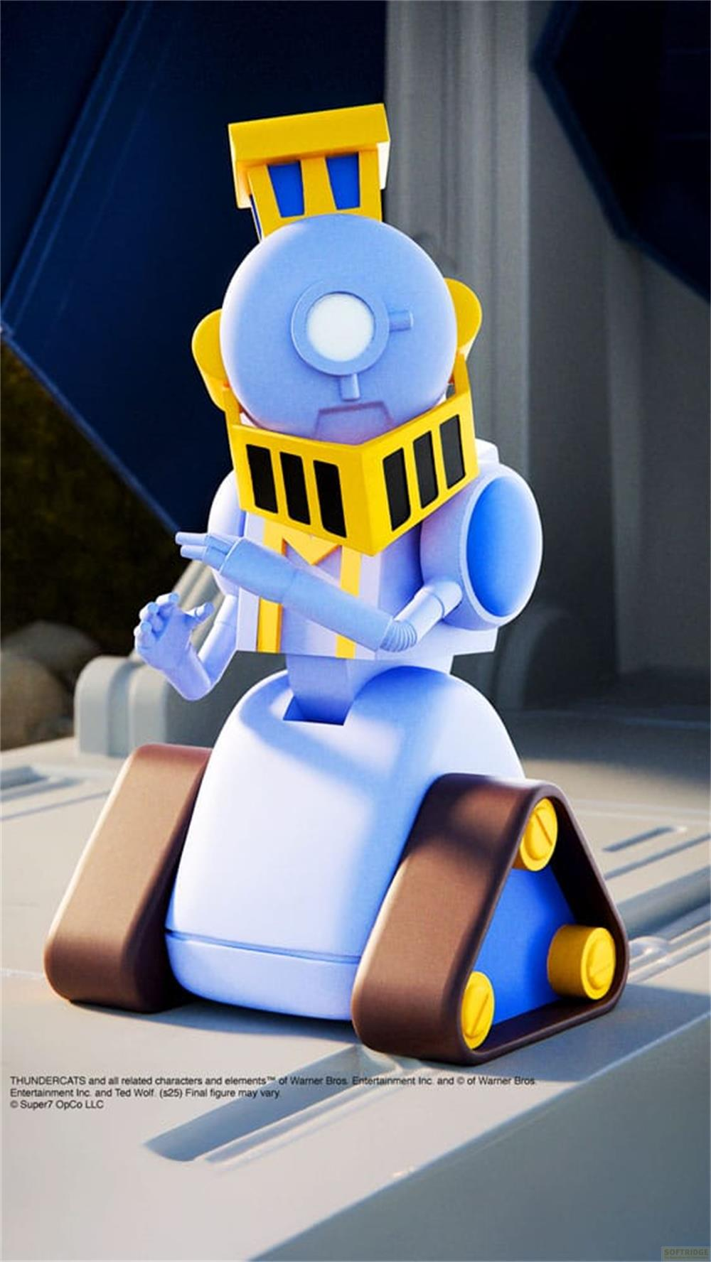 Un giocattolo robot blu con accenti gialli e cingoli.
