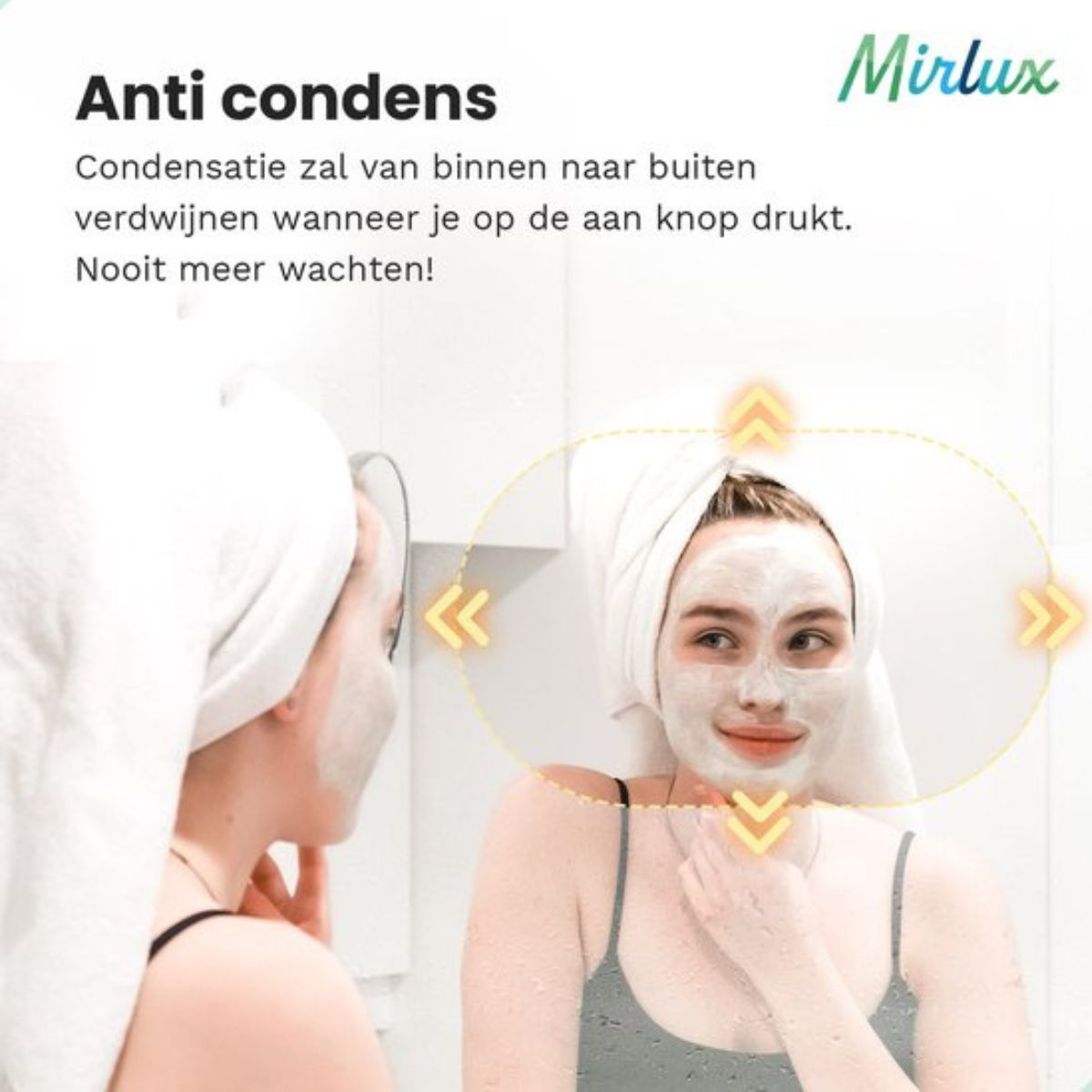 Vrouw met gezichtsmasker en handdoek in spiegel, met pijlen naar haar gericht.