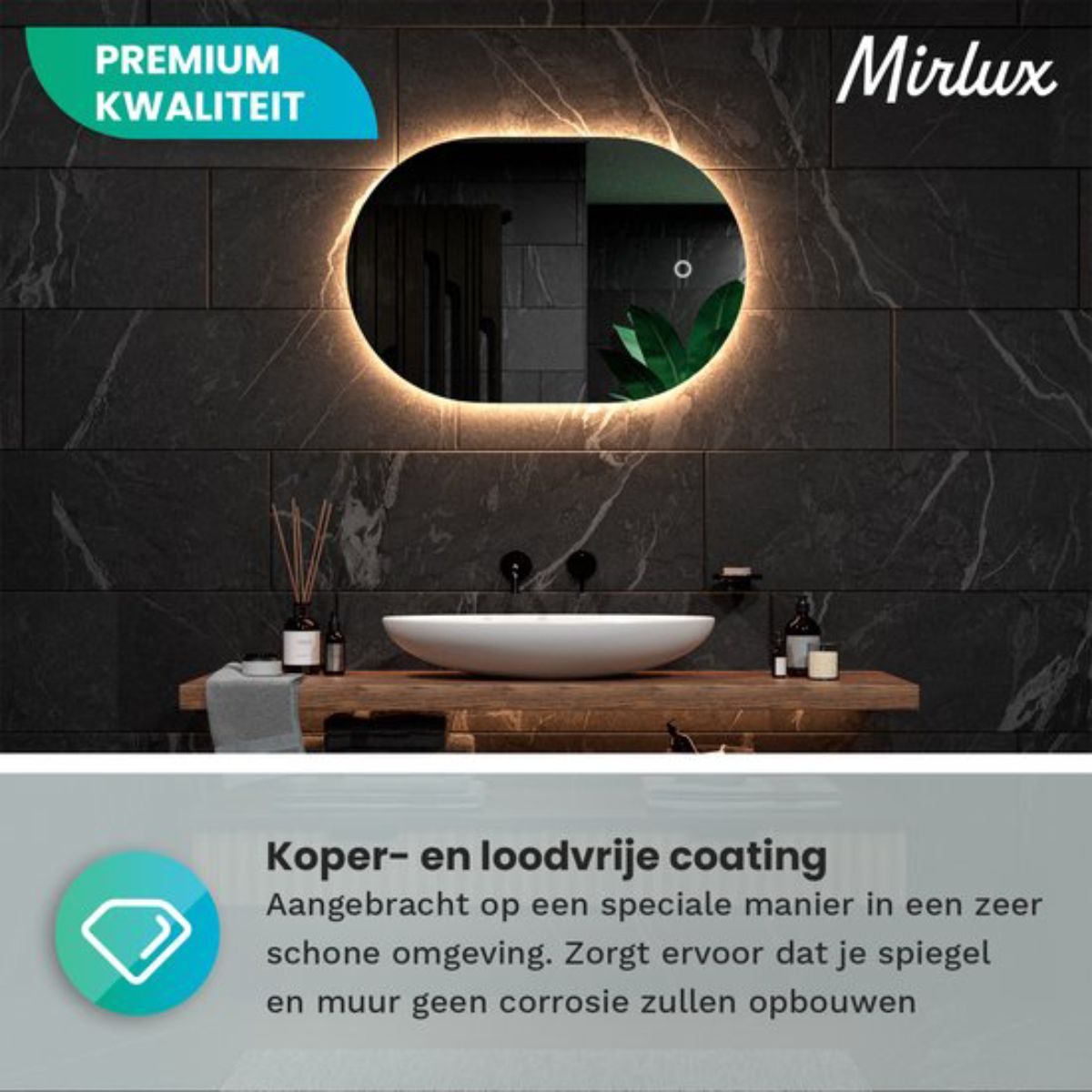 Een ovale spiegel met verlichting boven een wastafel en houten toonbank.