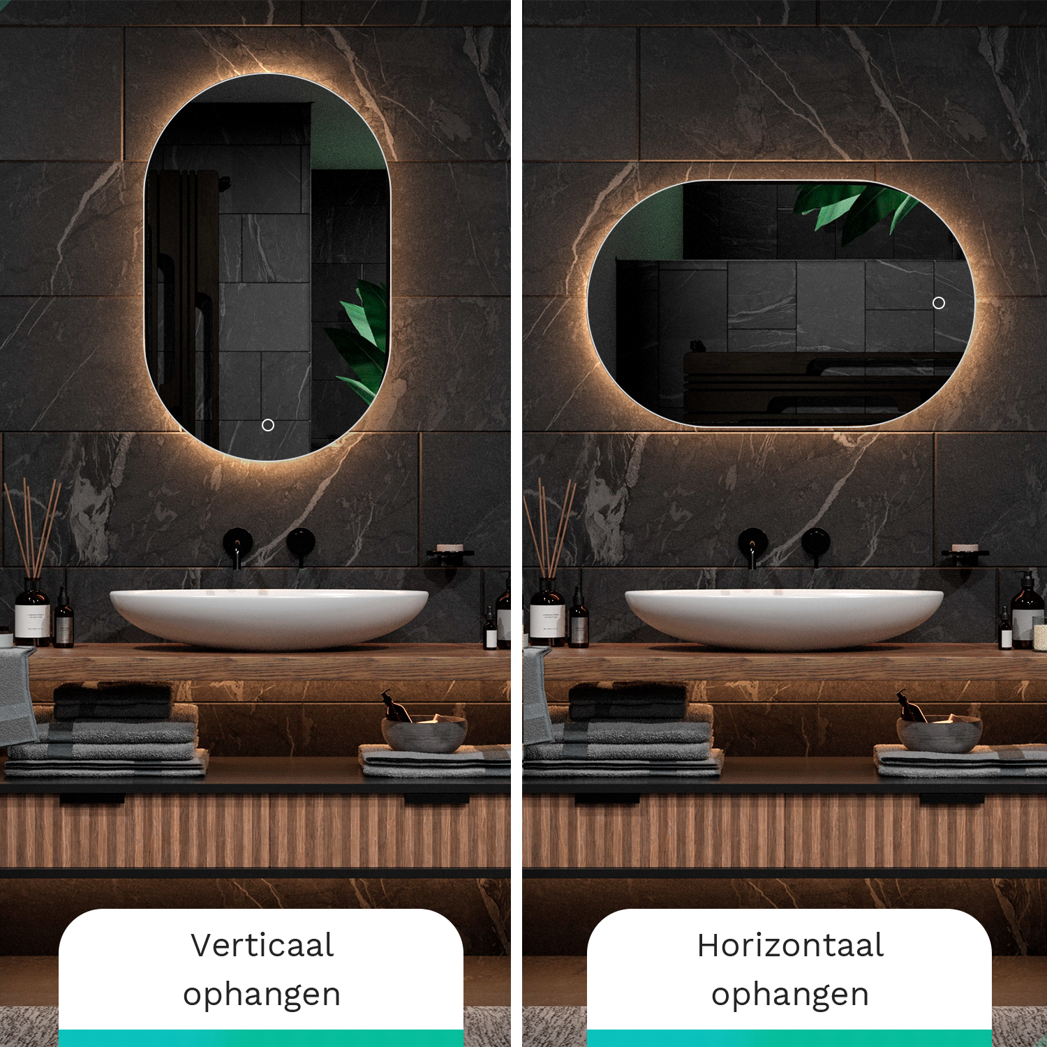 Een ovale verlichte spiegel boven een wastafel, verticaal en horizontaal gemonteerd.