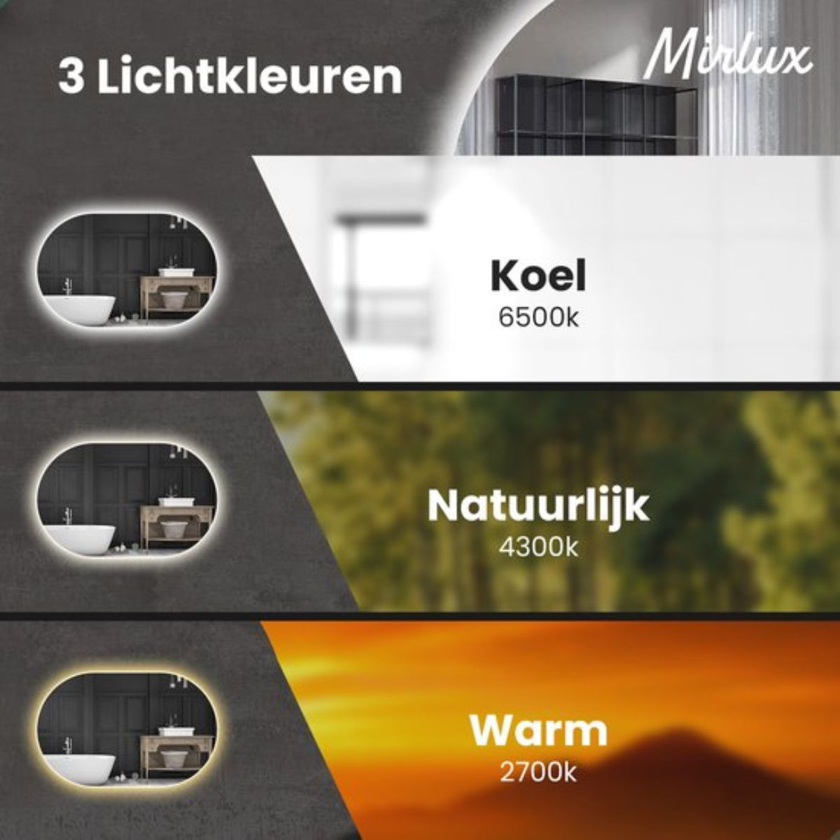 Drie lichtkleuren: Koel 6500K, Natuurlijk 4300K, Warm 2700K.