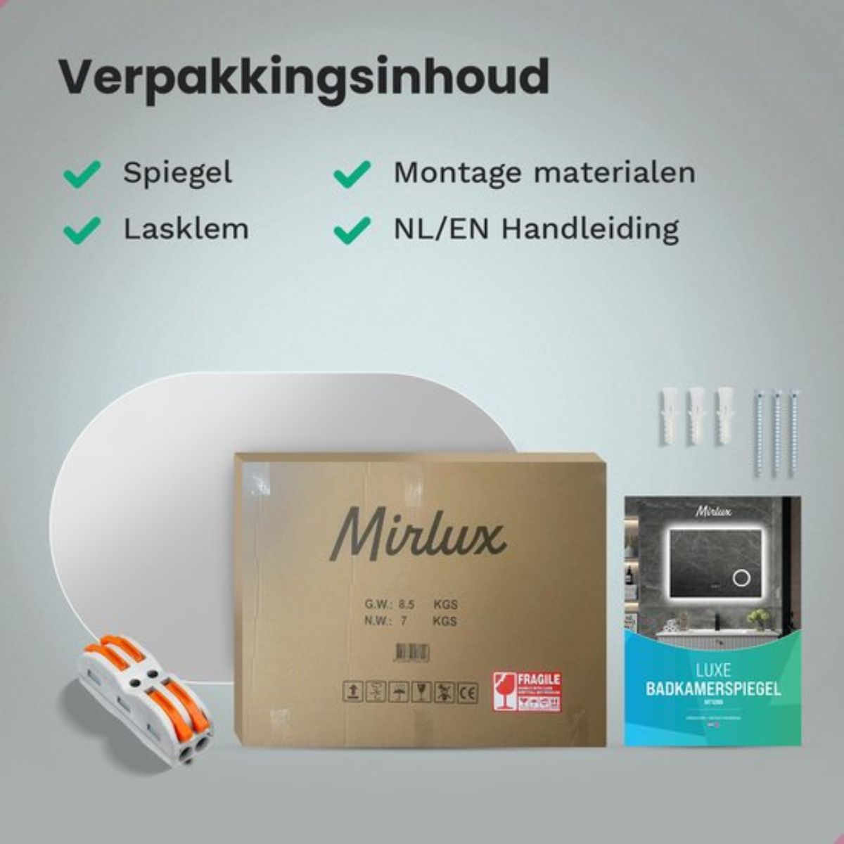 Verpakkingsinhoud: Spiegel, montage materialen, handleiding. Doos met Mirlux spiegel.