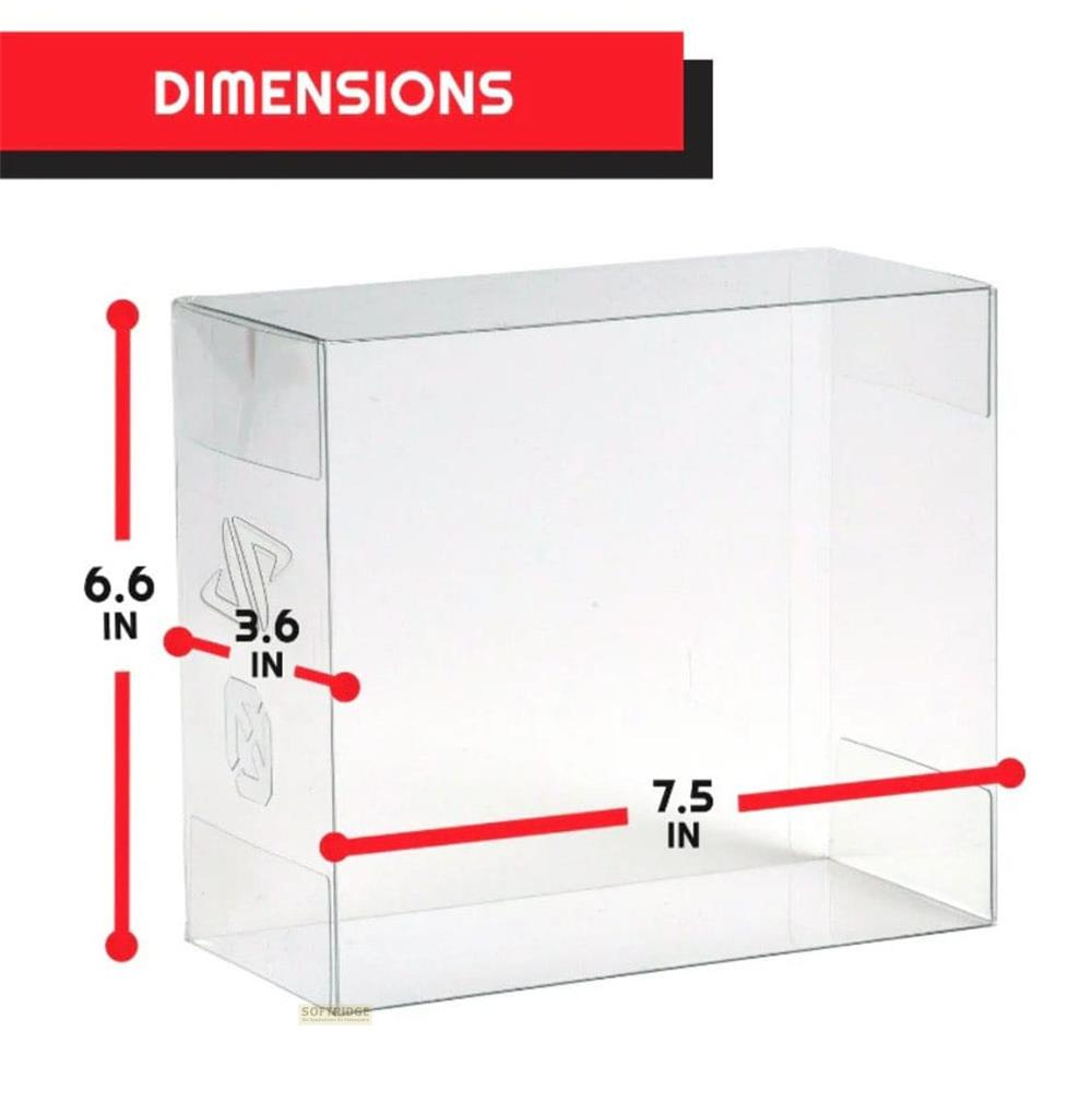 Contenitore trasparente con dimensioni: altezza 6,6 pollici, larghezza 3,6 pollici, lunghezza 7,5 pollici.