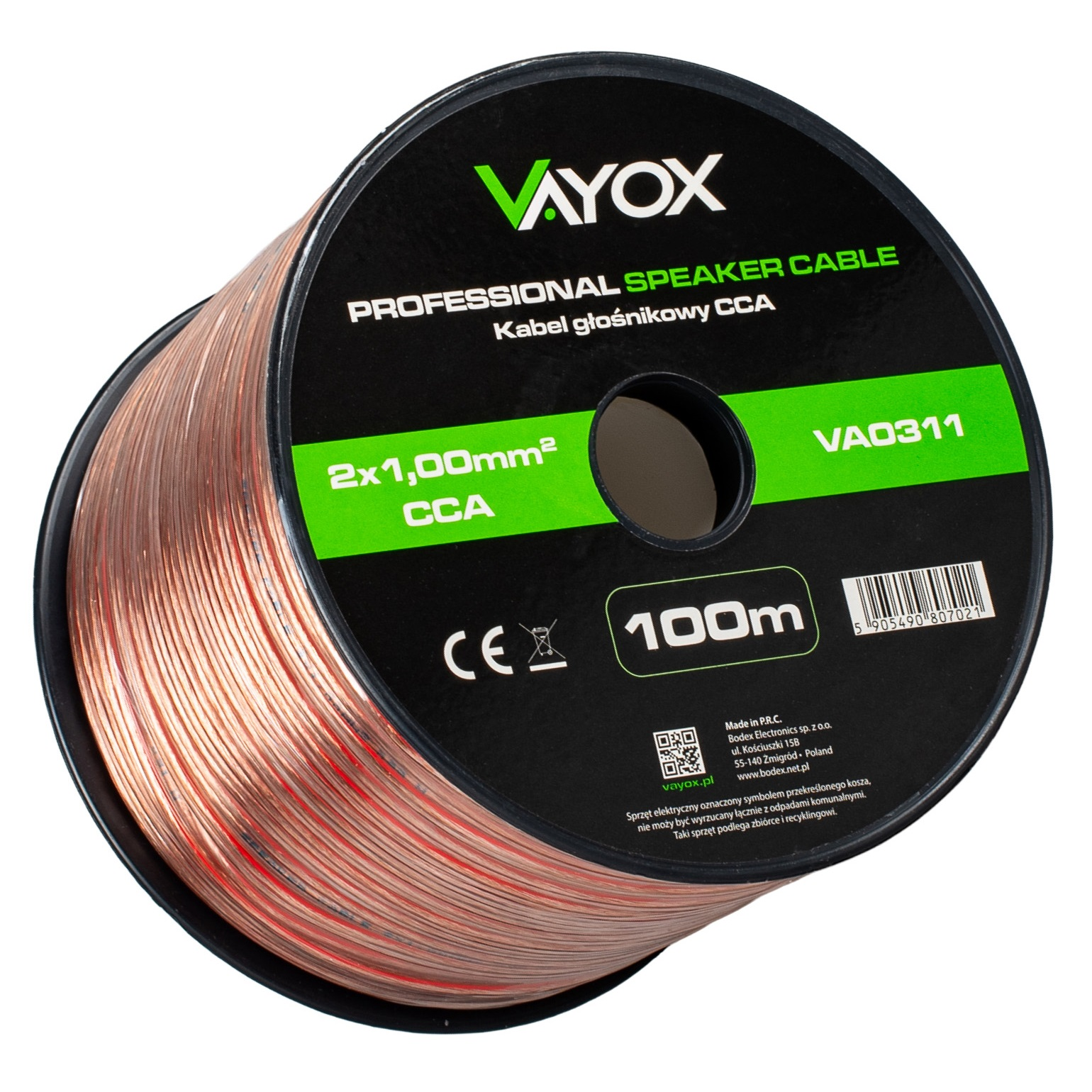 Szpula profesjonalnego kabla głośnikowego Vayox, 2x1,00mm², 100m.