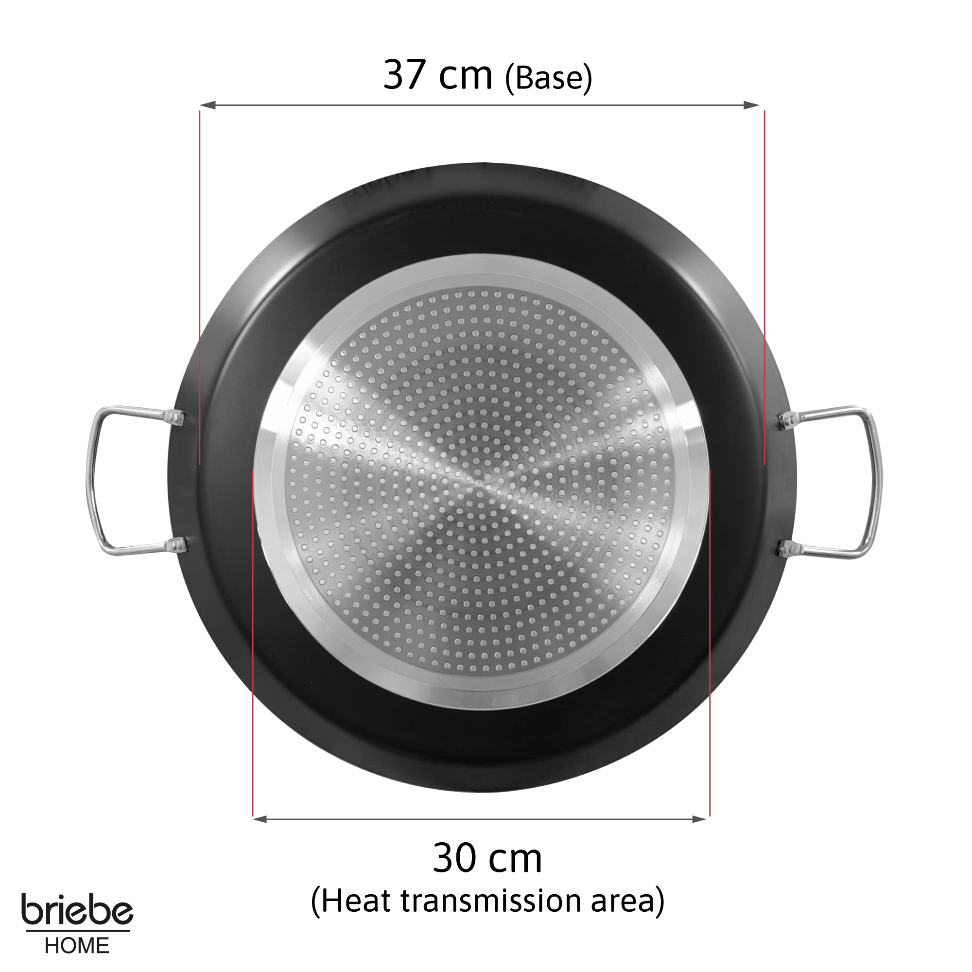 Sartén negra con base metálica, 37 cm de diámetro.