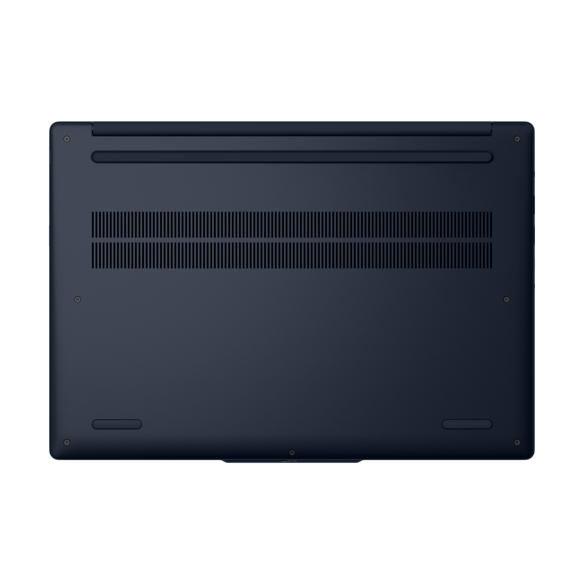 Ciemnoniebieski laptop, spód z otworami wentylacyjnymi i śrubami.