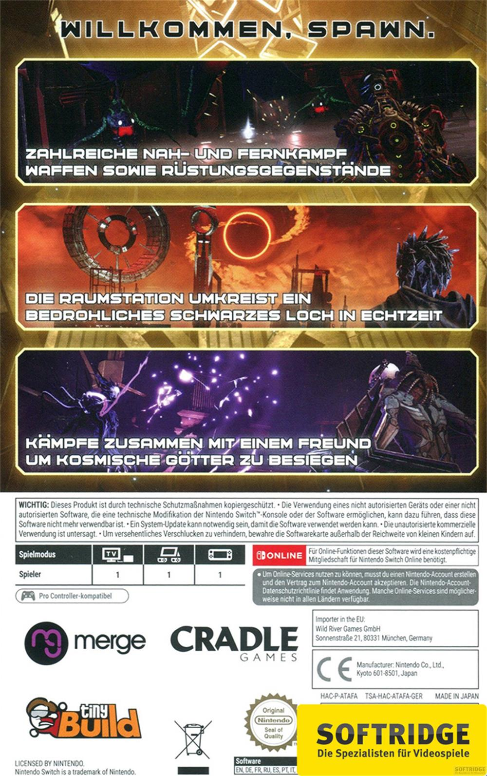 Videospielbox-Rückseite mit Spielszenen, Text und Logos.