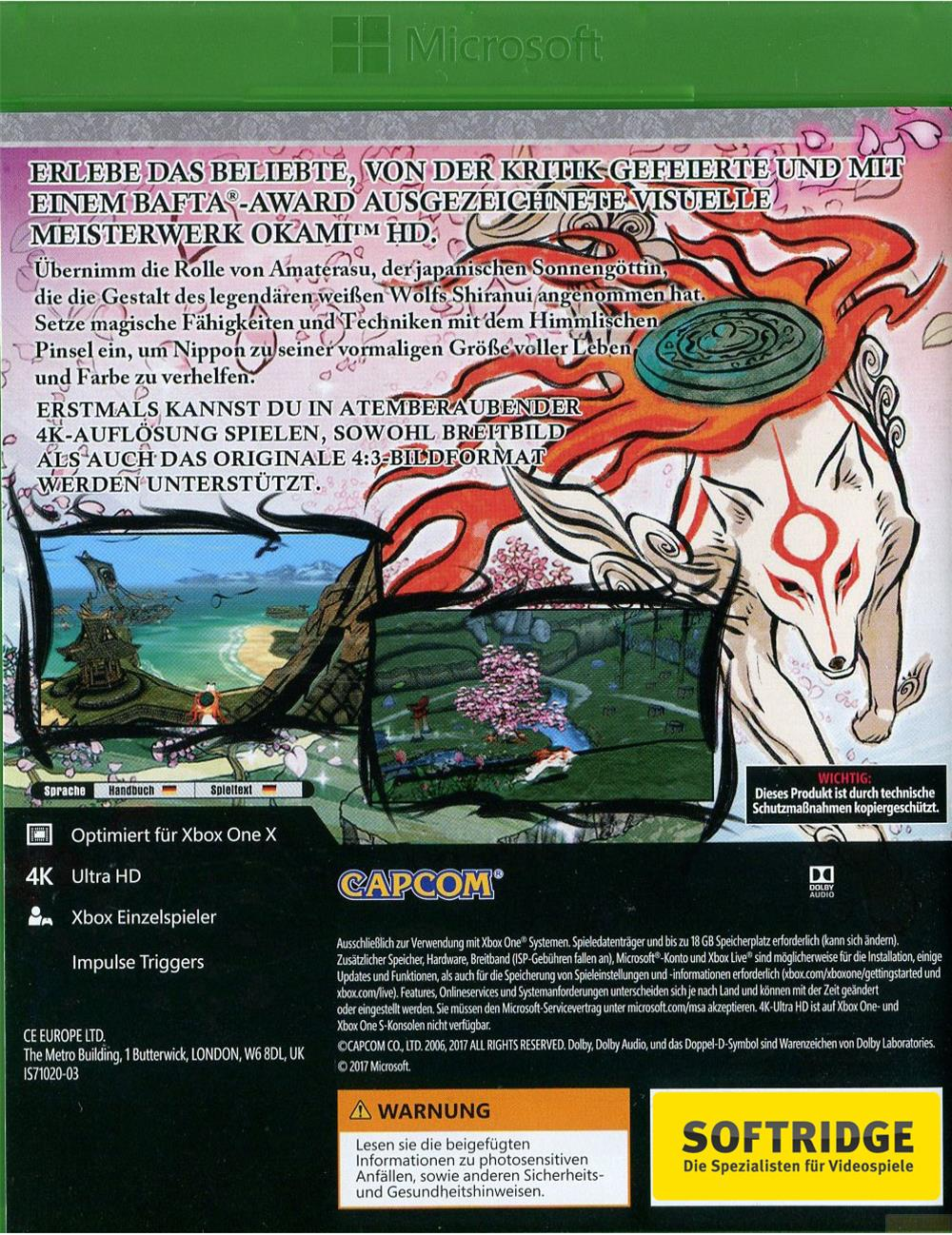 Videospielcover mit Wolfsgöttin Amaterasu, Microsoft und Capcom Logos.