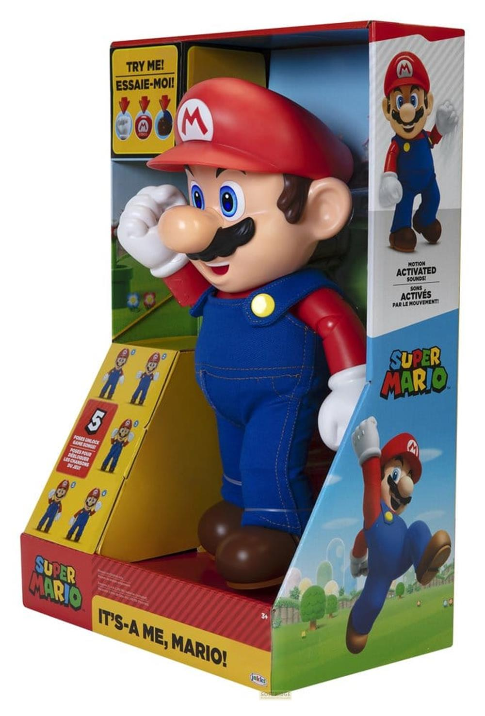 Mario-Spielzeug in Verpackung, mit "It's-a me, Mario!" Aufschrift.