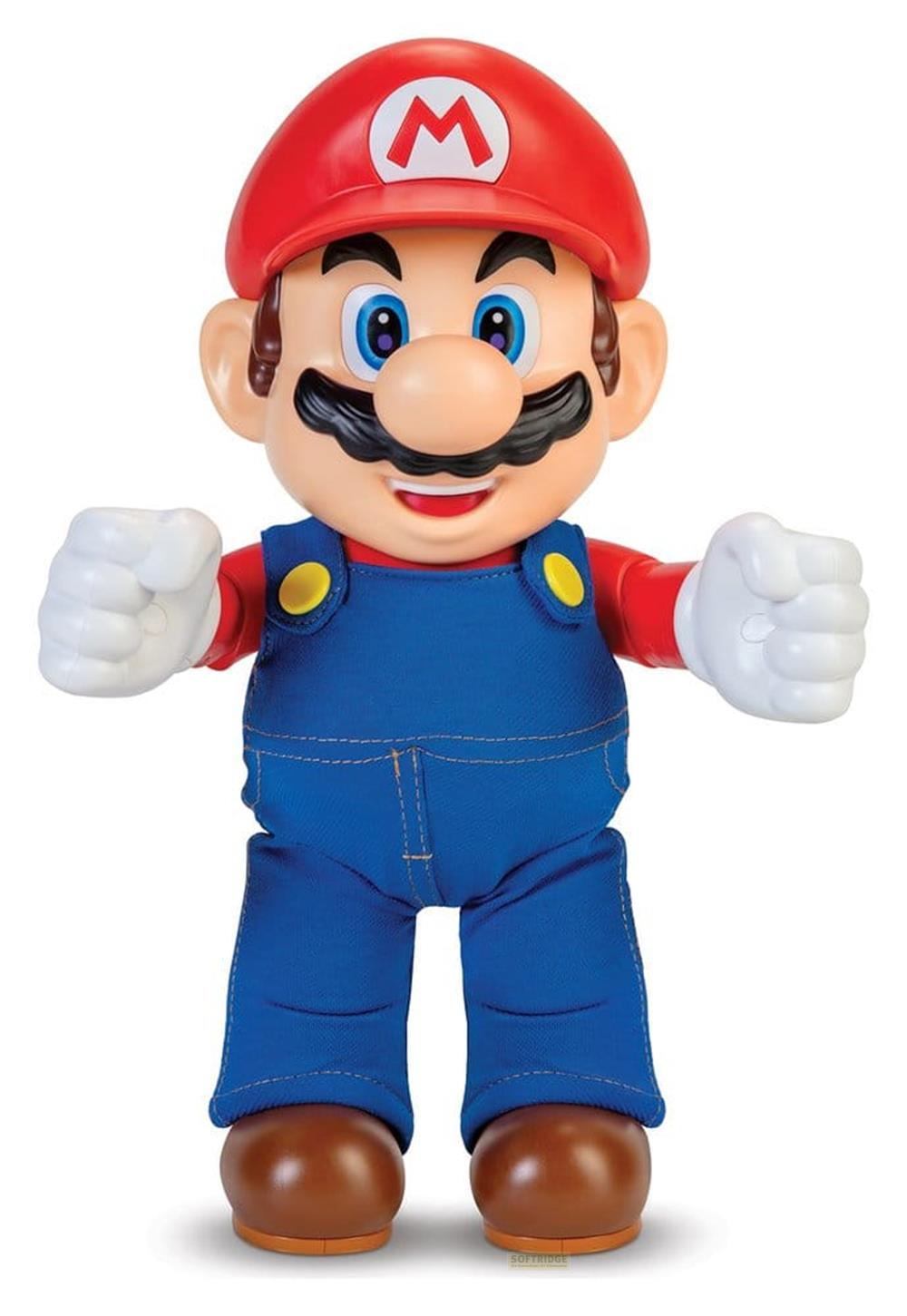 Mario-Figur mit roter Mütze, blauer Latzhose und rotem Hemd.