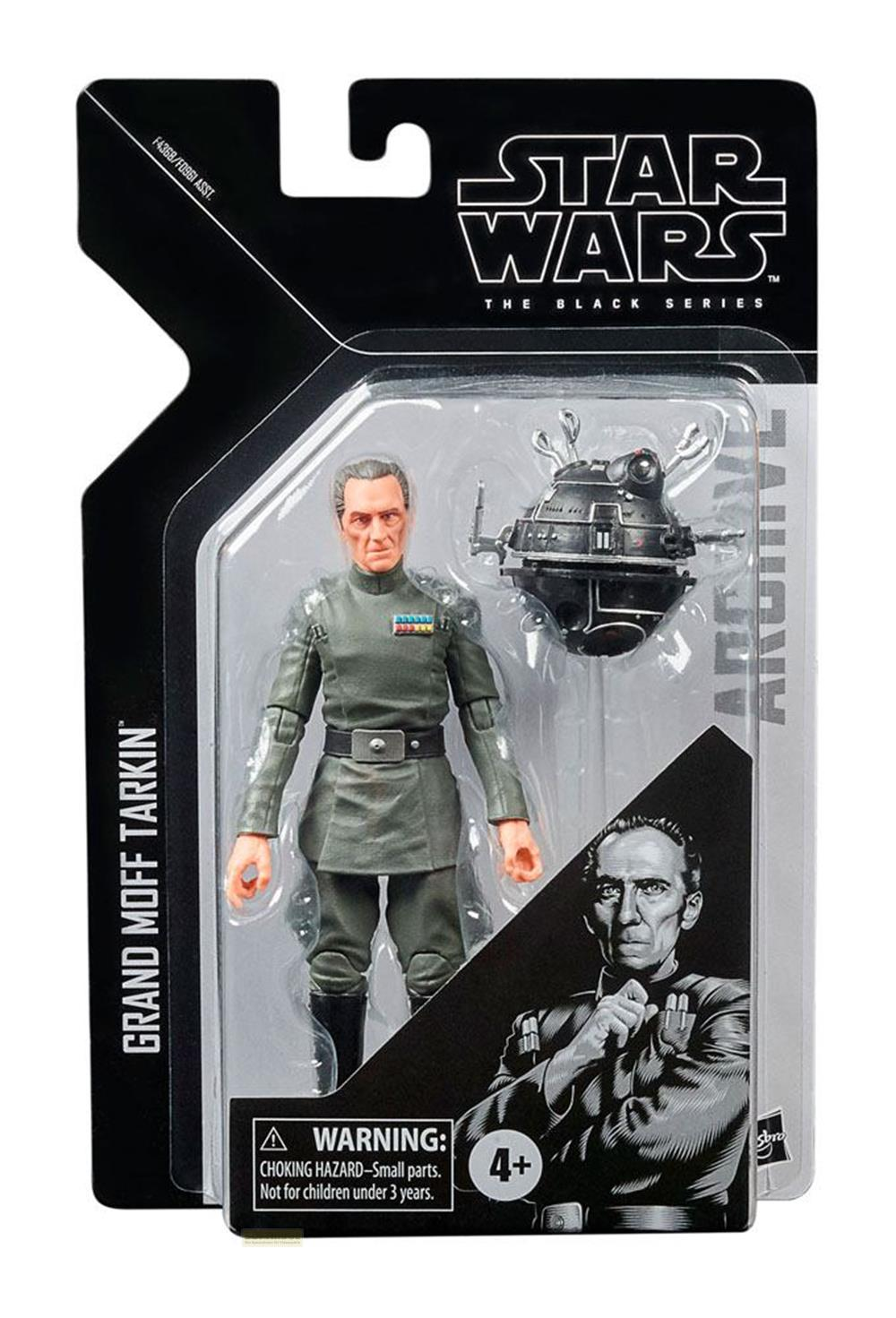 Action figure Star Wars Black Series Grand Moff Tarkin con droide in confezione.