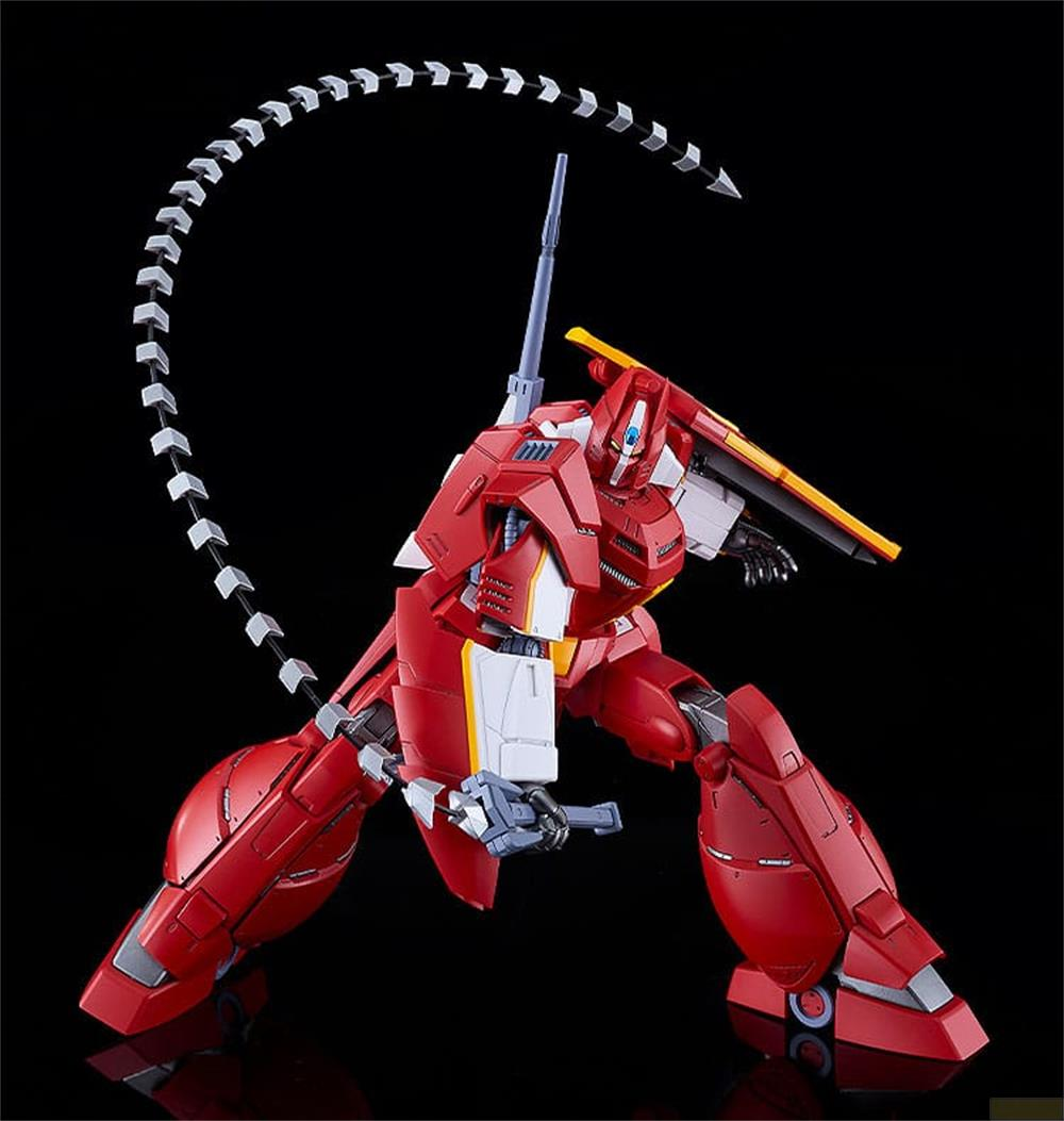 Un robot rouge avec une longue queue noire et blanche est en pose.