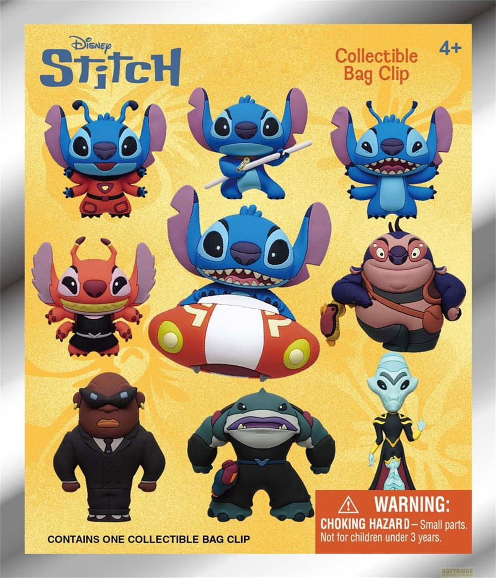 Disney Stitch: Colección de 8 figuras sobre fondo amarillo.