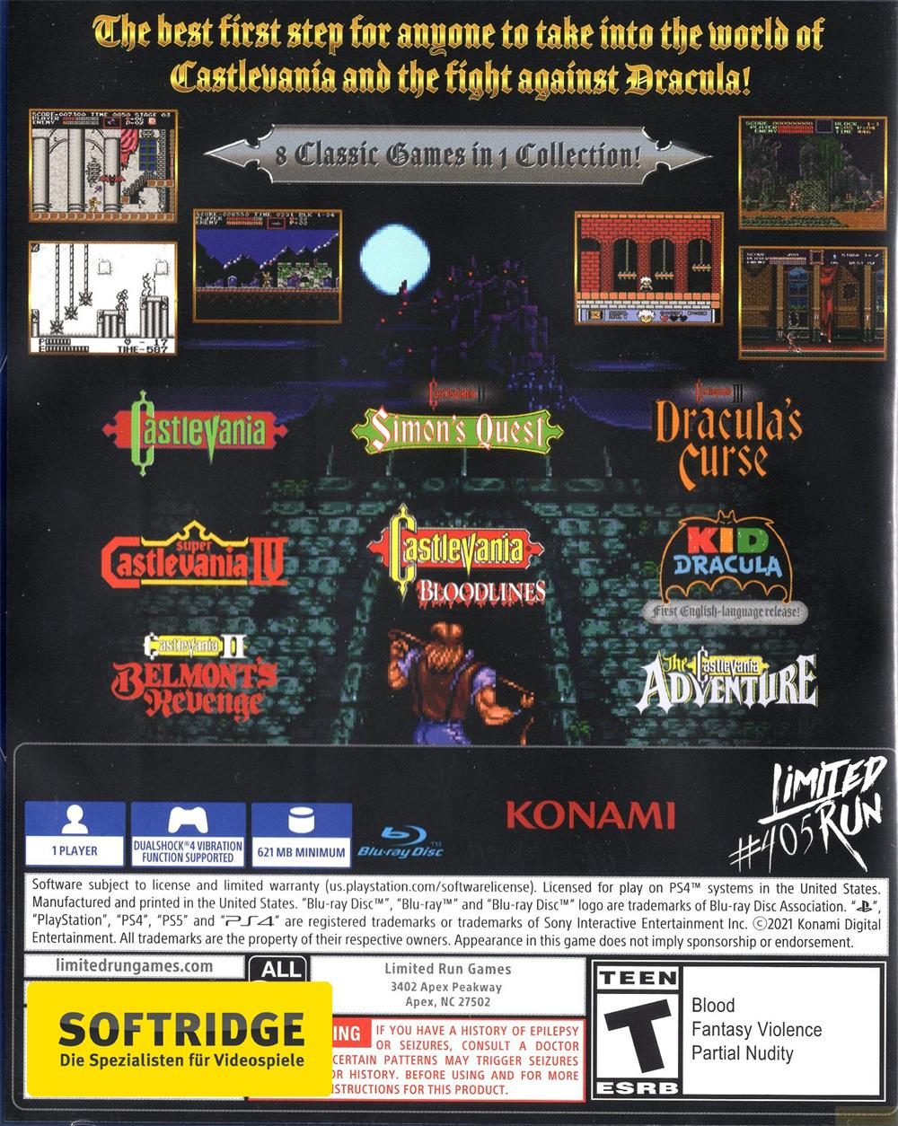 Couverture de Castlevania: 8 Classic Games in 1 Collection pour PS4 avec les titres des jeux.