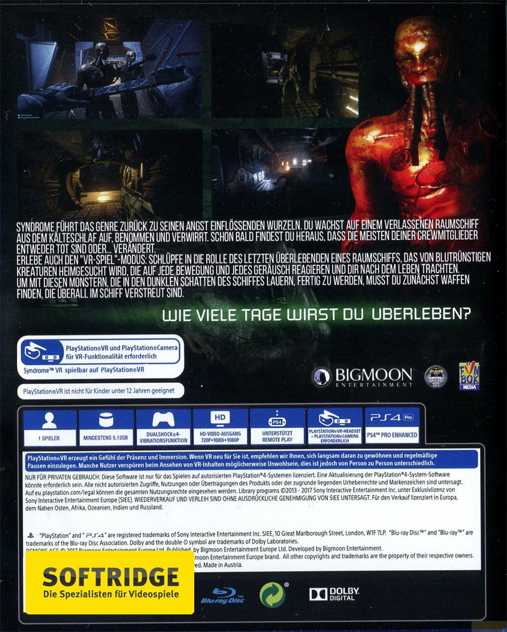 Dos de la boîte de jeu avec texte et logos PlayStation VR et Bigmoon Entertainment.