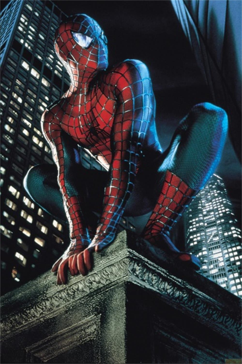 Spider-Man s'accroupit sur un bâtiment avec des lumières dans le ciel nocturne.