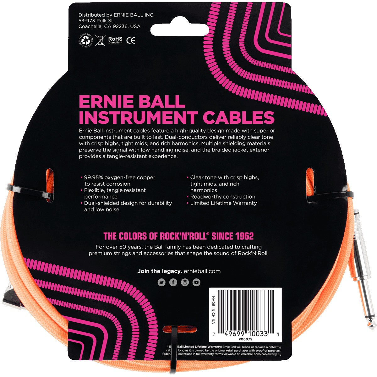 Cavo per strumenti Ernie Ball, arancione, con design nero e rosa.
