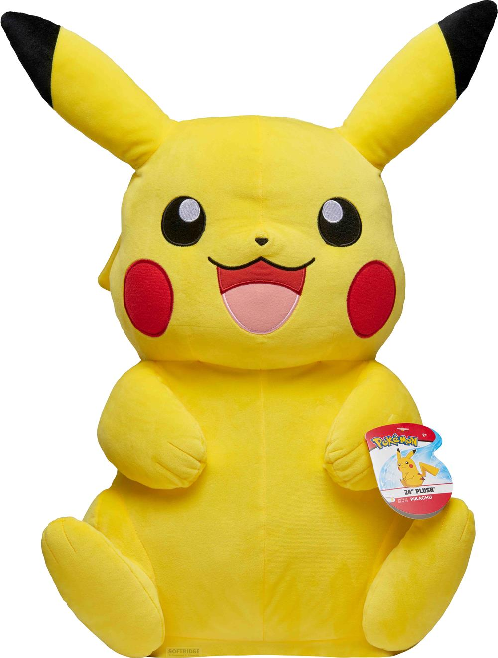 Ein großer, gelber Plüsch-Pikachu mit roten Wangen und schwarzen Ohrspitzen sitzt.