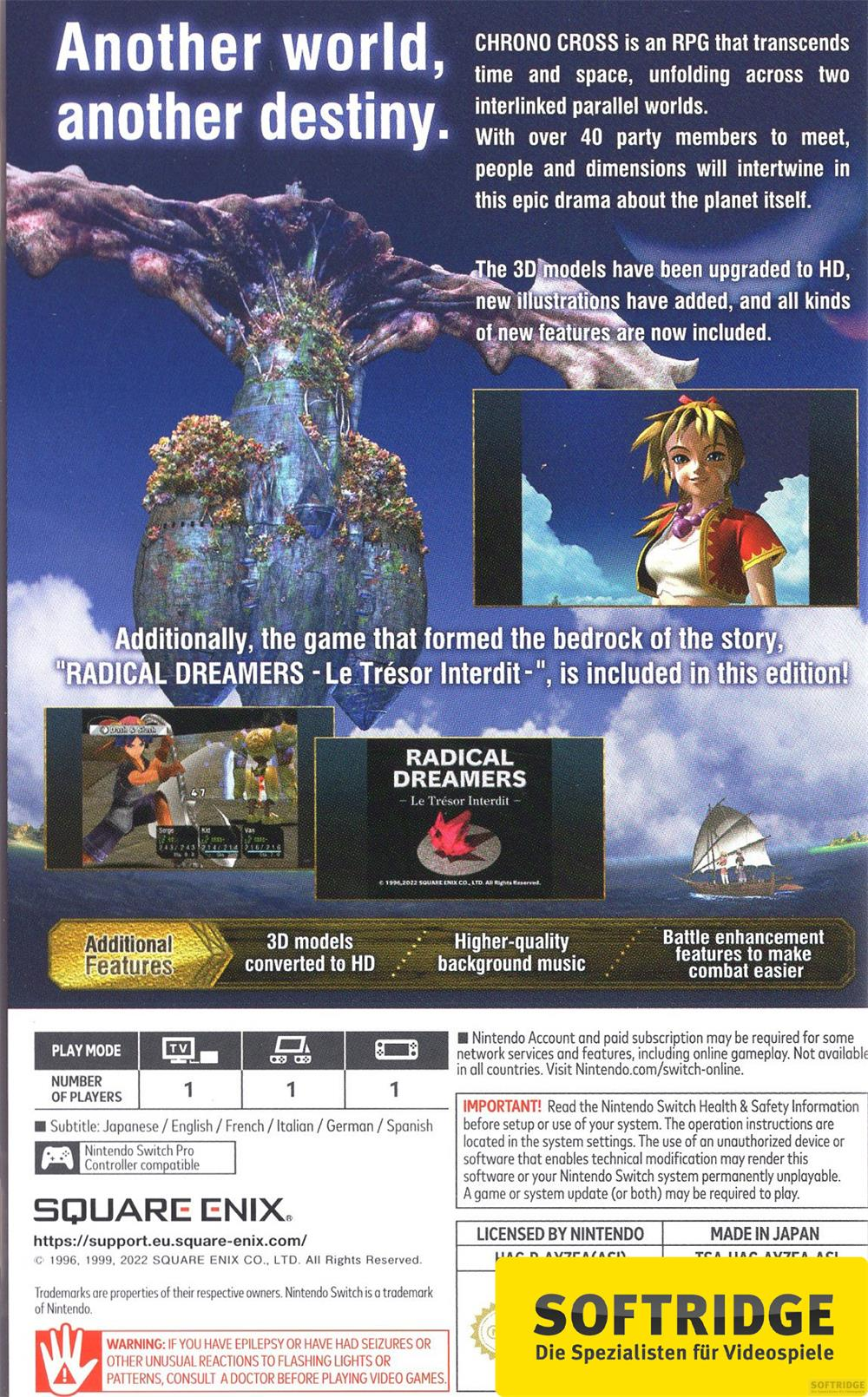 Rückseite von Chrono Cross für Nintendo Switch mit Spielbeschreibung und Logos.
