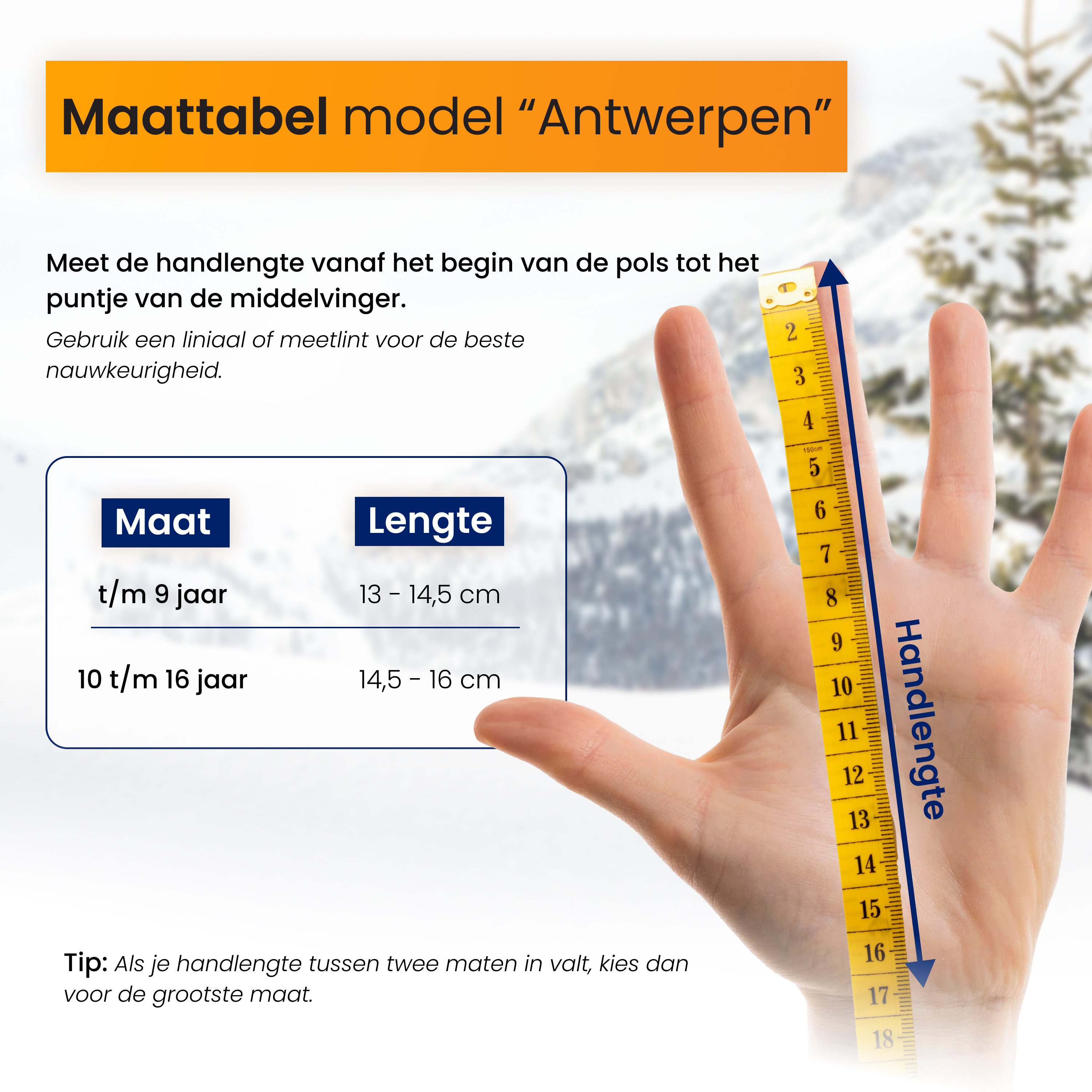 Size chart: Measure hand length from wrist to fingertip. Includes sizes for ages 9 and 16.