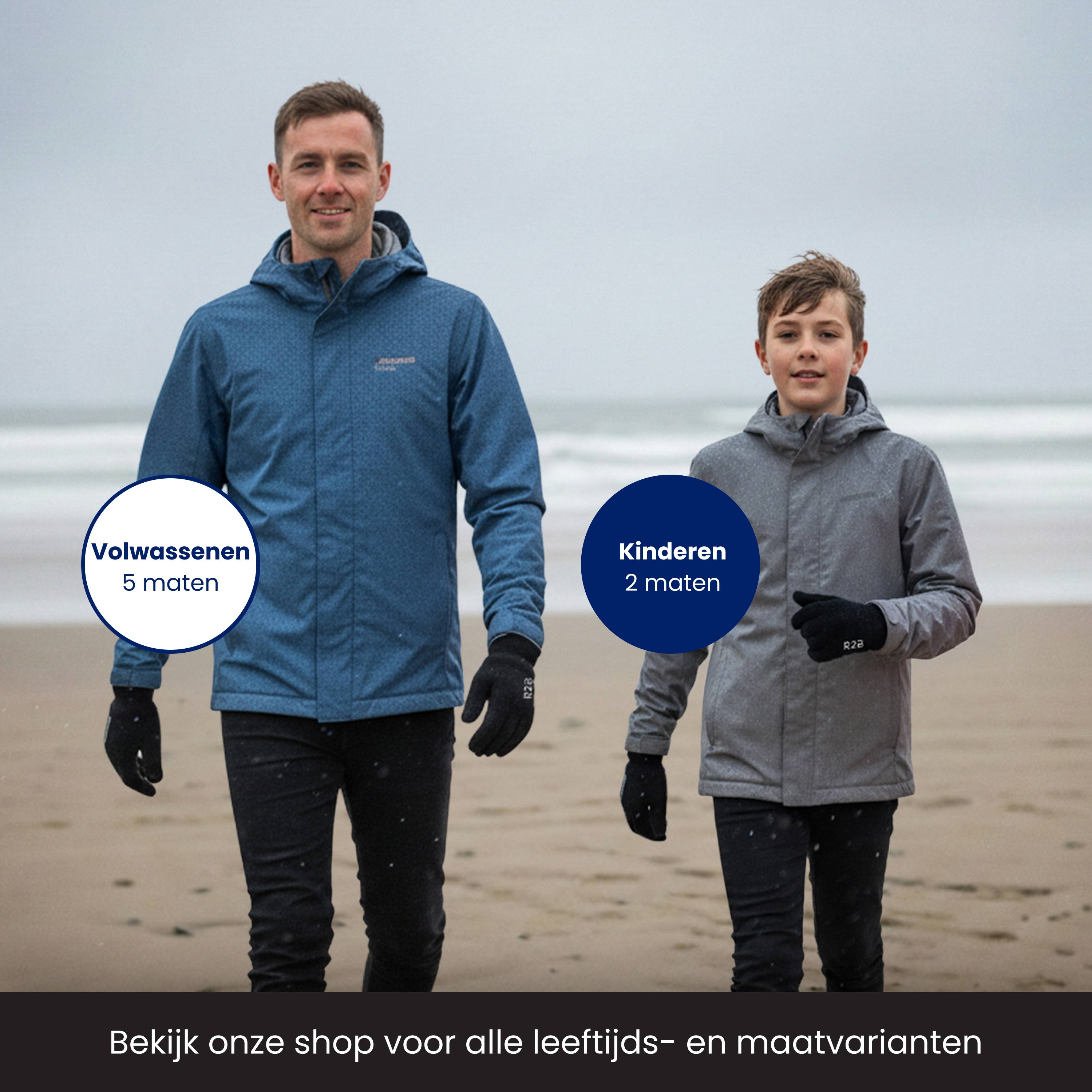 Man and boy on beach in jackets. "Adults 5 sizes", "Kids 2 sizes".