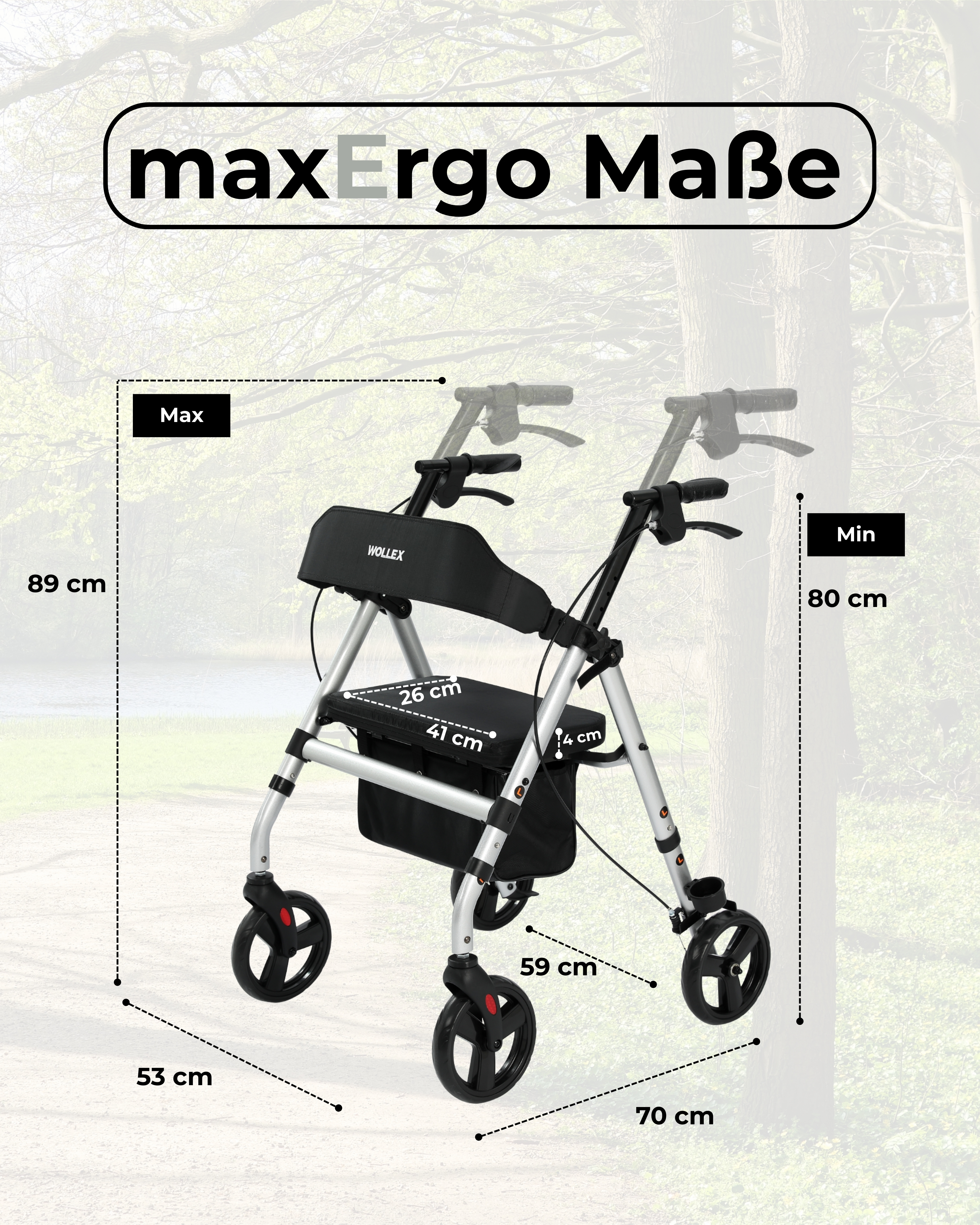 Ein silberner Rollator mit schwarzem Sitz und Tasche, Maße sind angegeben.