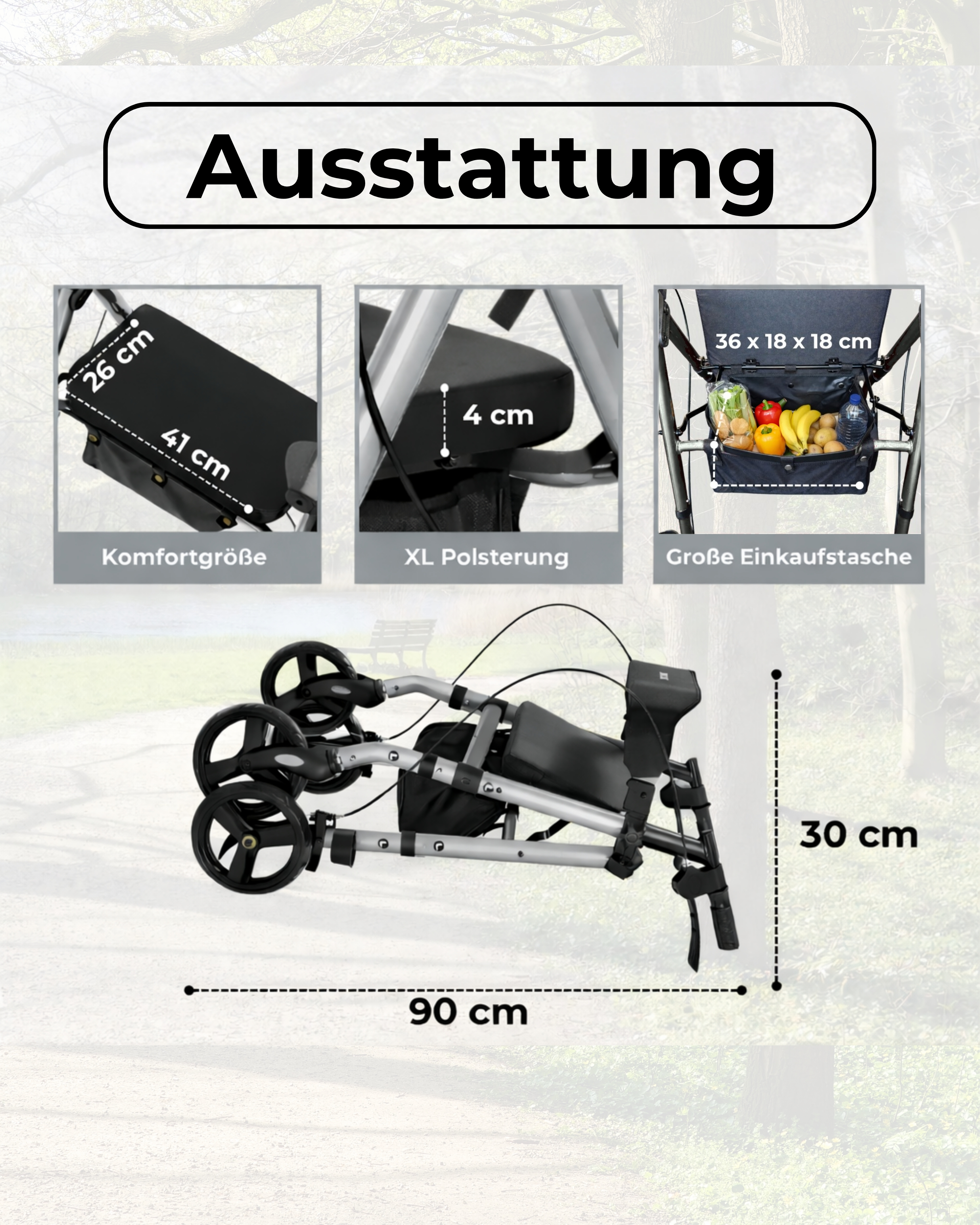 Ein silberner Rollator mit schwarzen Rädern und Sitz. Details zeigen Maße.