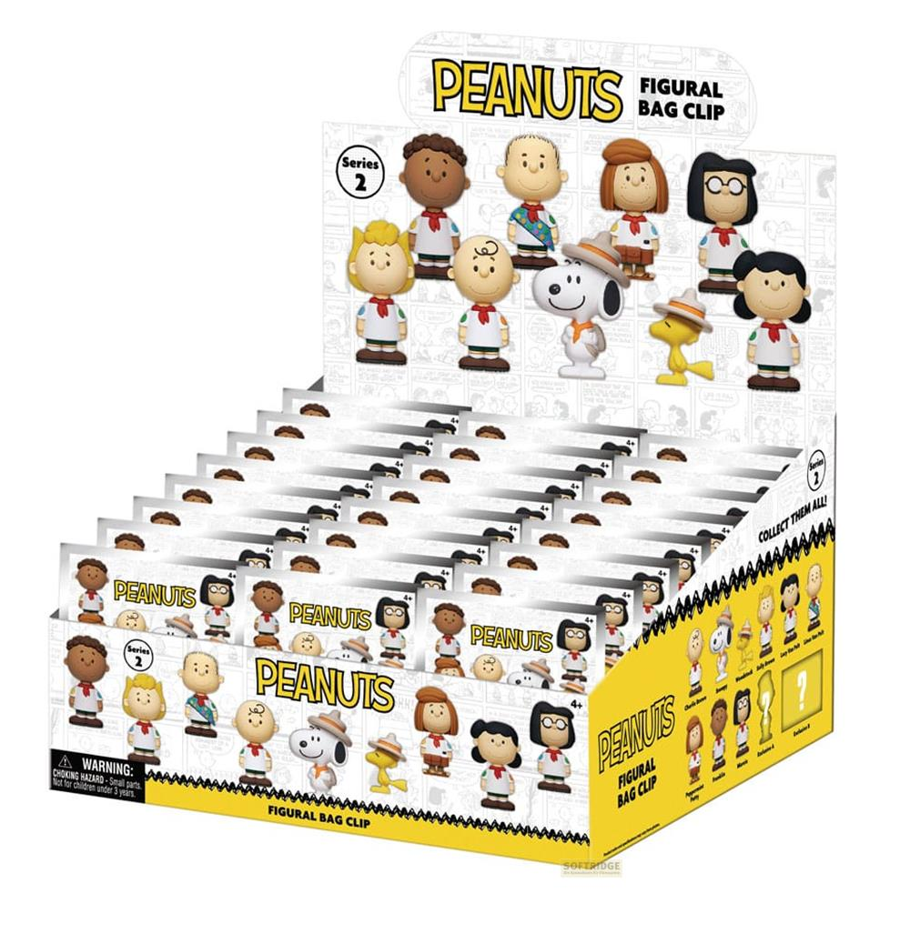 Una caja expositora de llaveros de figuras Peanuts Serie 2 muestra personajes como Snoopy.