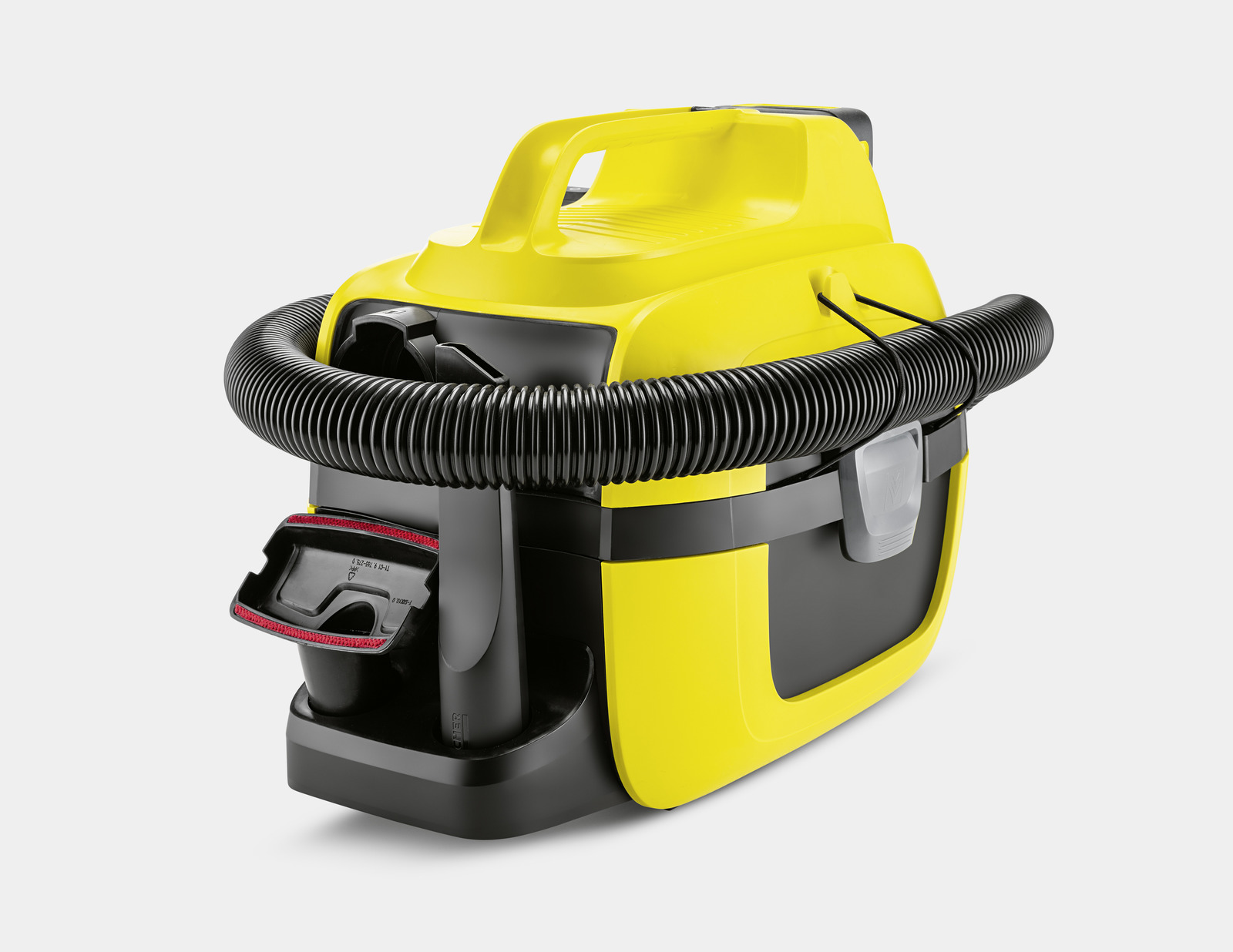 A yellow and black wet/dry vacuum cleaner with a flexible hose.
