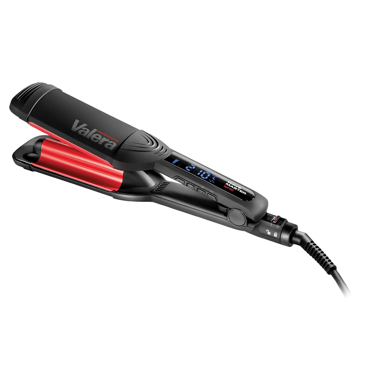 Czarna lokówka z czerwonymi elementami grzewczymi i cyfrowym wyświetlaczem.