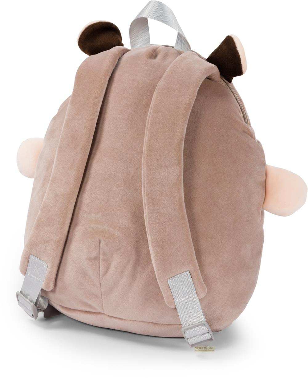 Ein brauner Plüschrucksack mit braunen Ohren und rosa Wangen.