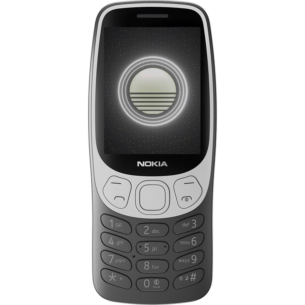 Un teléfono Nokia gris con un diseño circular en su pantalla.