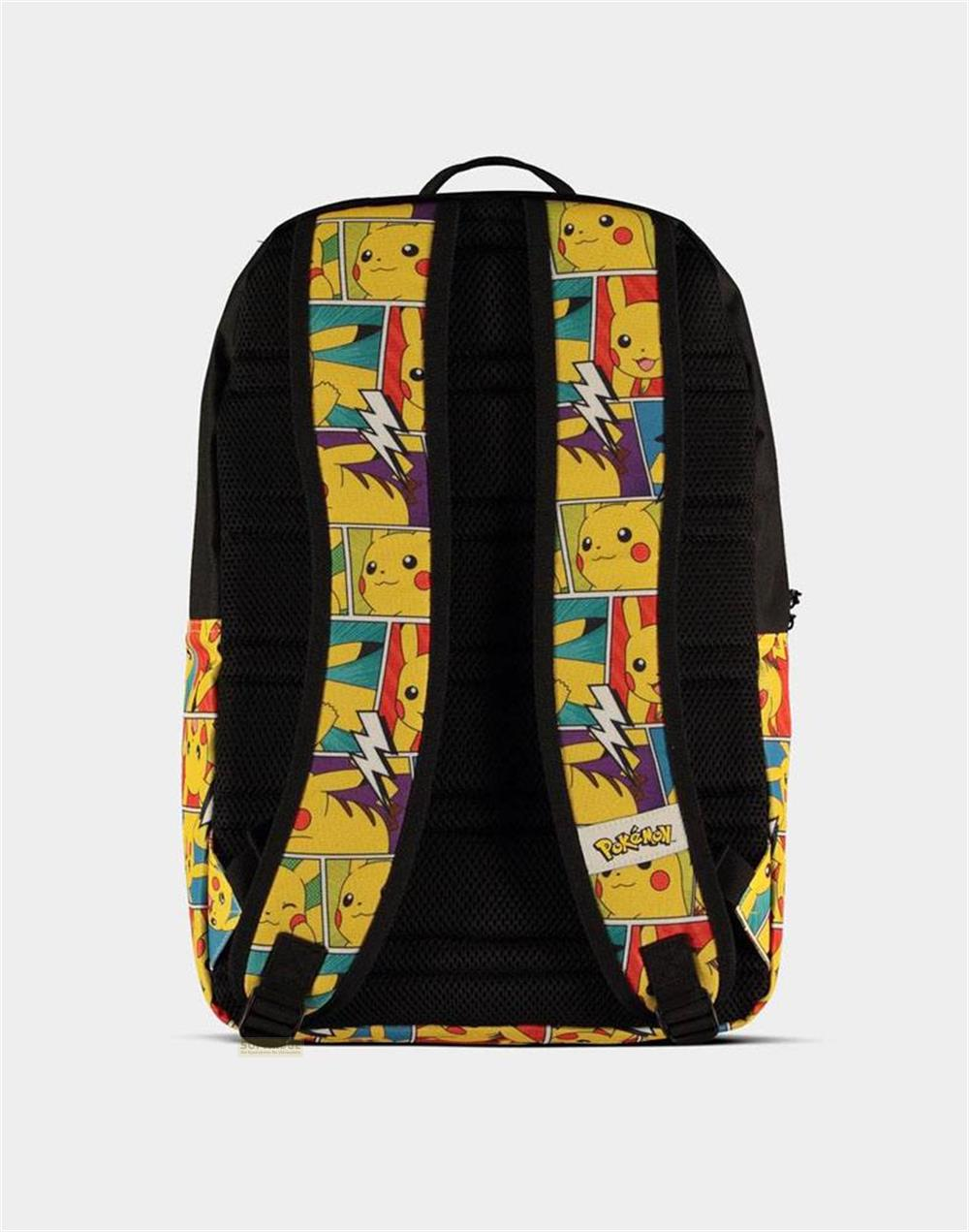 Rucksack mit Pikachu-Aufdruck im Comic-Stil und schwarzen Trägern.