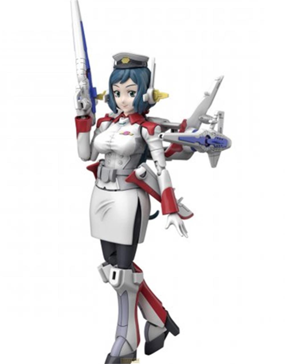 Une figurine féminine en uniforme blanc, cheveux bleus, tenant une arme.