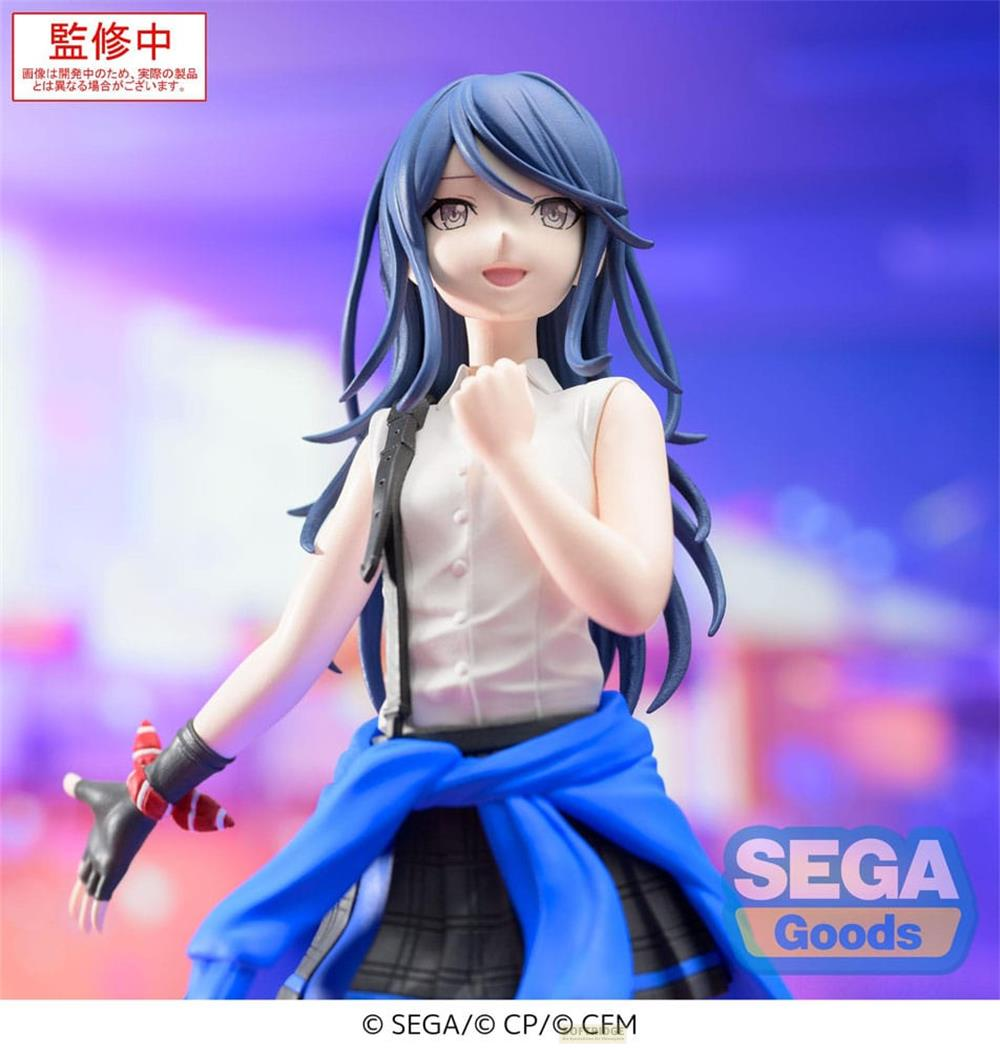Anime-Figur mit blauen Haaren, weißem Hemd und kariertem Rock.
