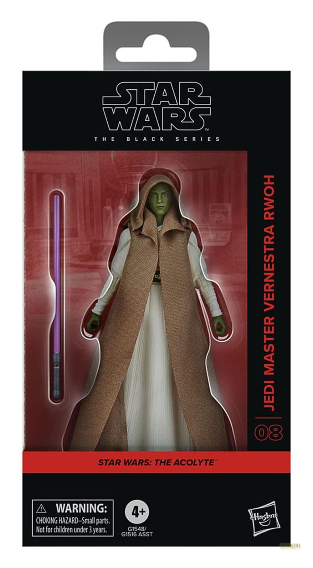 Figura de Star Wars Jedi Master Vernestra Rwoh con sable de luz en embalaje.
