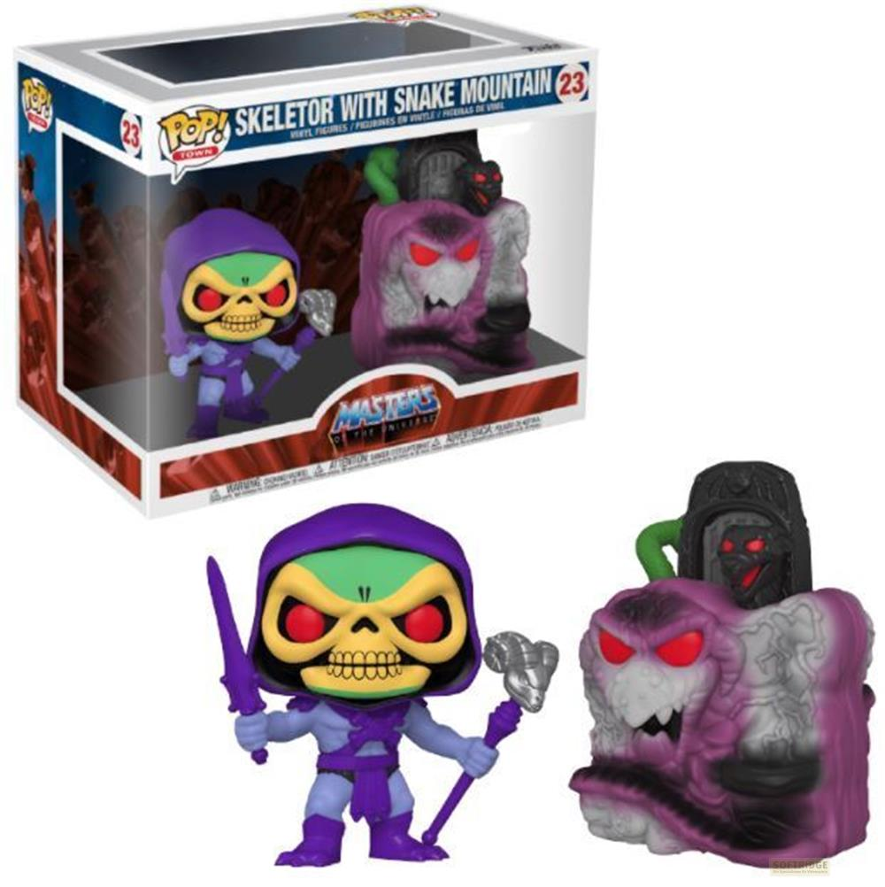 Skeletor Funko Pop Figur mit Snake Mountain in der Box und daneben.