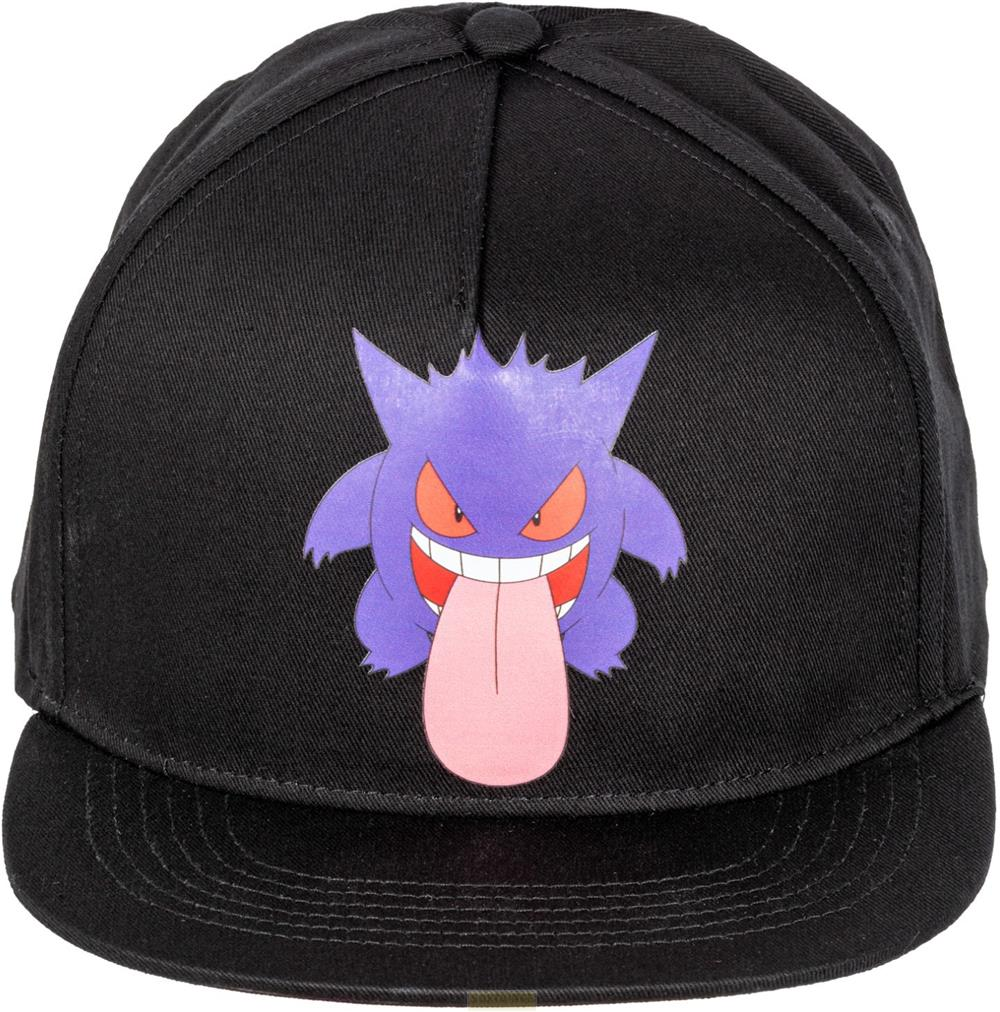 Schwarze Kappe mit lila Pokémon Gengar und langer Zunge.