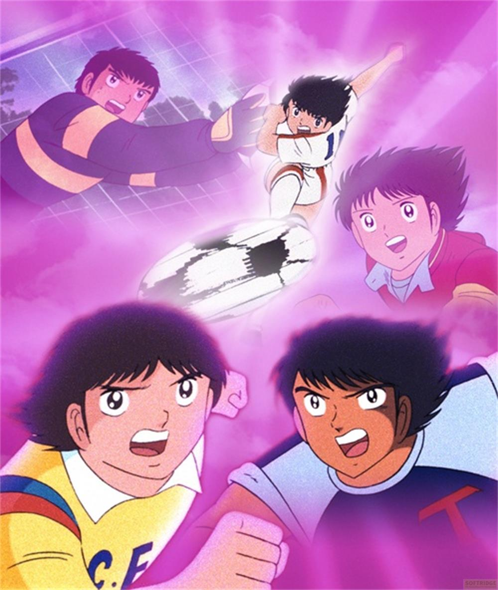 Joueurs de football anime en action, ballon volant, poses dramatiques, fumée violette.