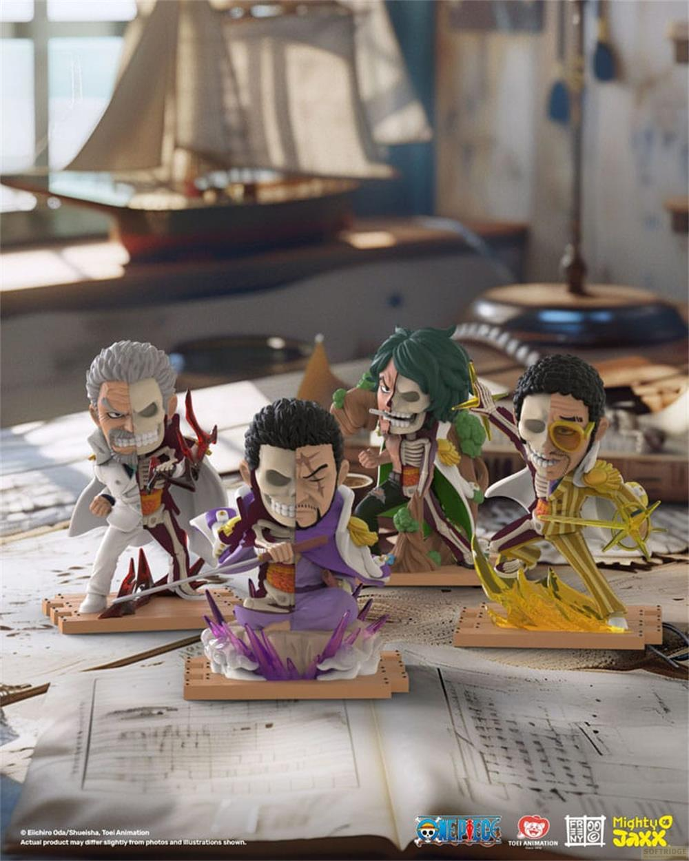 Quattro figure di One Piece con design a mezzo scheletro sono esposte su un tavolo con un modello di nave.