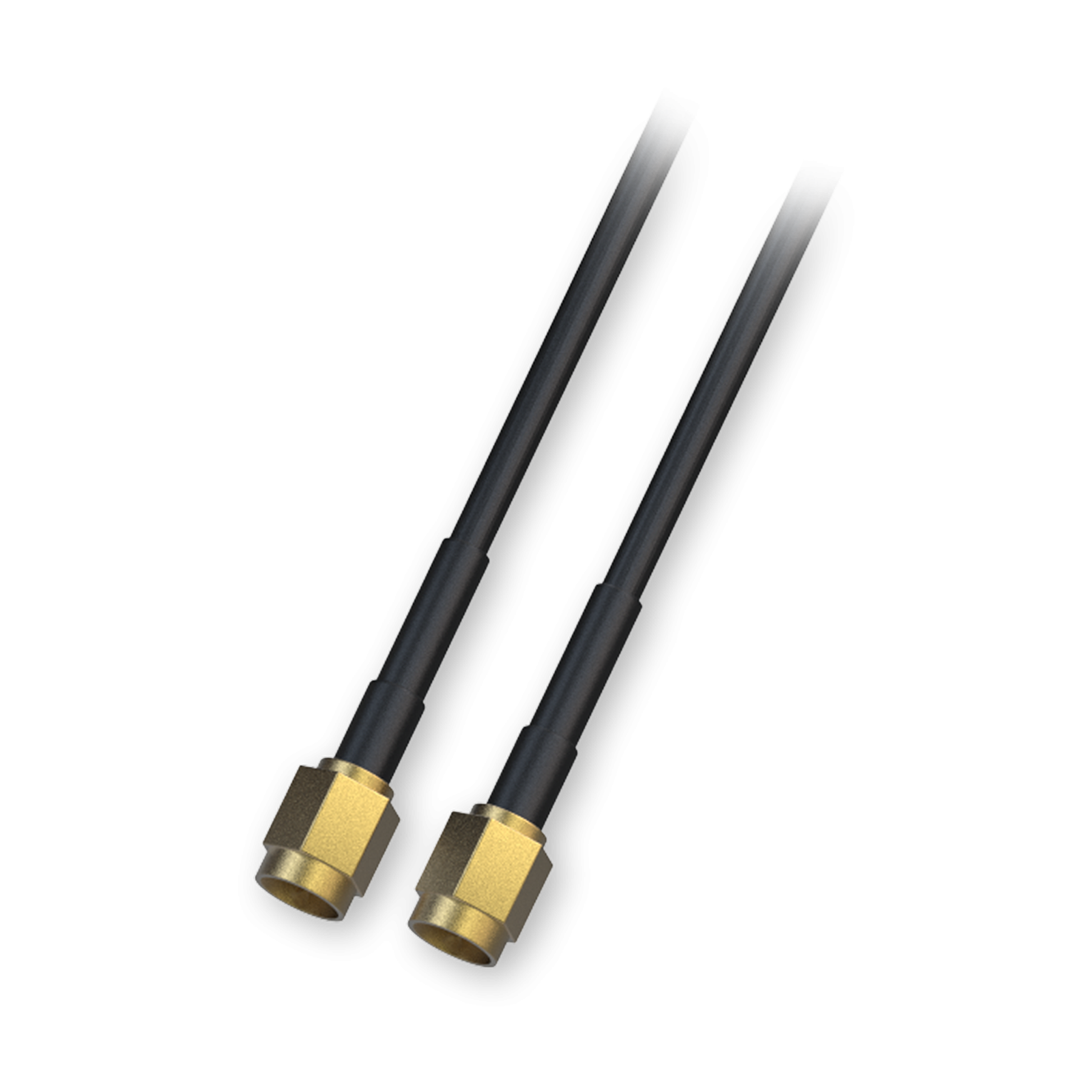 Due cavi antenna neri con connettori dorati su sfondo bianco.