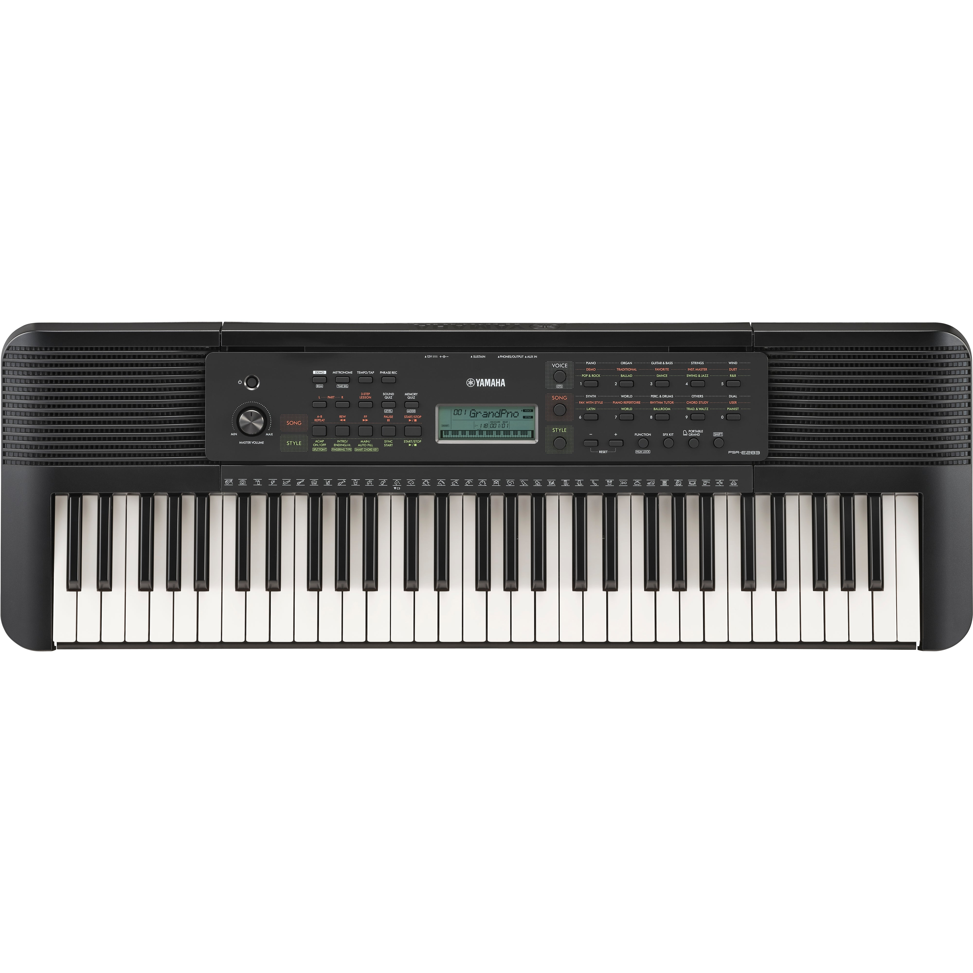 Schwarzes Yamaha Keyboard mit Tasten, Display und Bedienelementen.