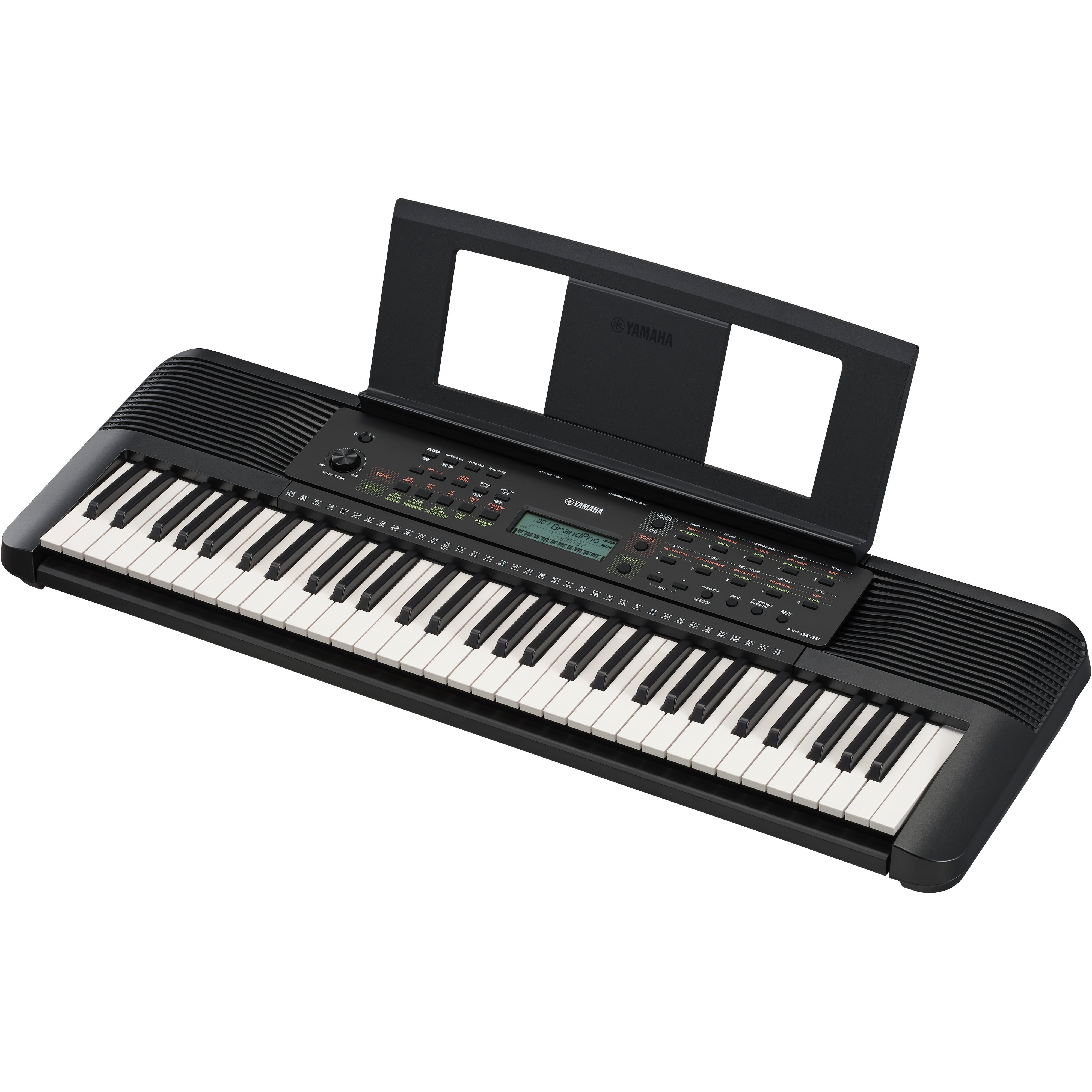 Schwarzes Yamaha Keyboard mit Notenpult und Tasten.