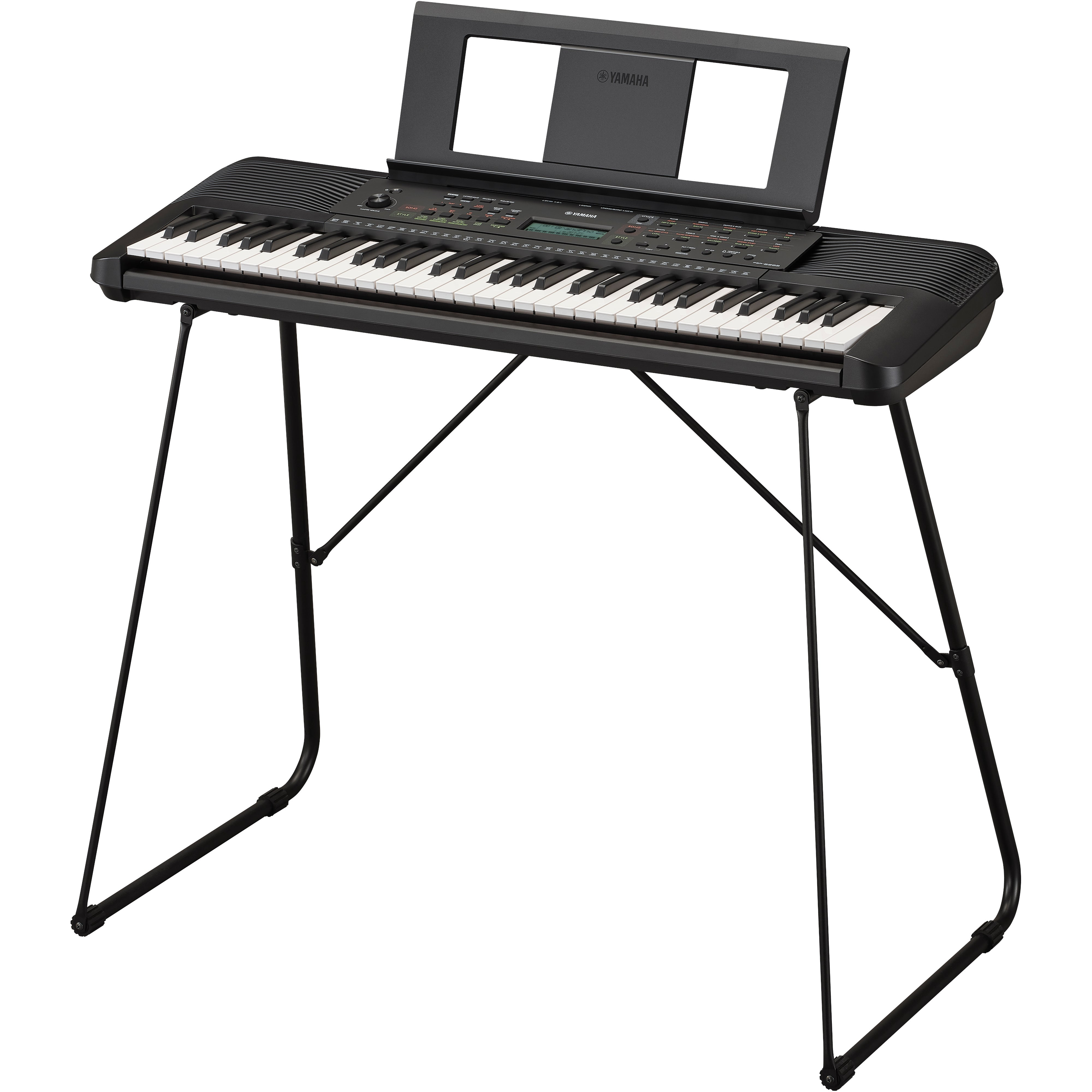 Ein schwarzes Yamaha-Keyboard auf einem schwarzen Metallständer.