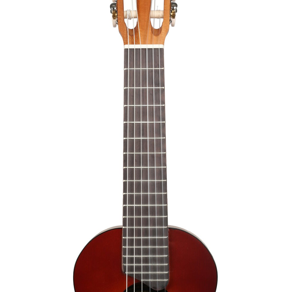 Zbliżenie brązowej gitary akustycznej ze strunami, progami i kluczami.