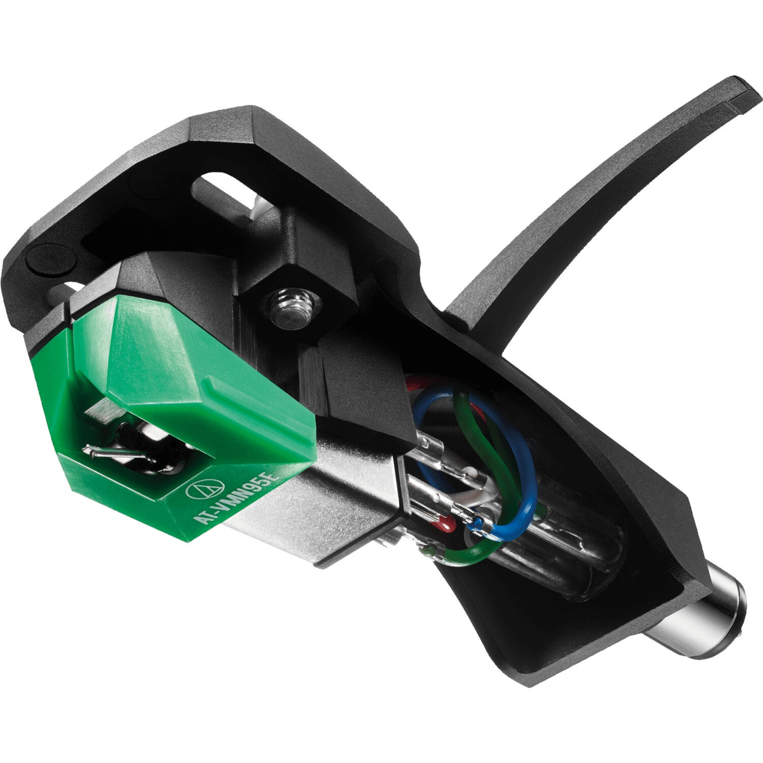 Une cellule de platine vinyle noire avec capuchon vert et fils visibles.